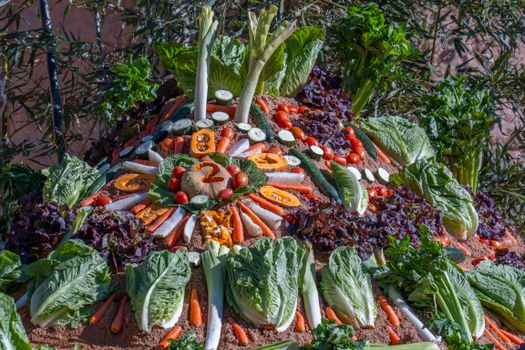 Vibrant arrangement of fresh vegetables outdoors in Valencia, Spain, showcasing local produce.