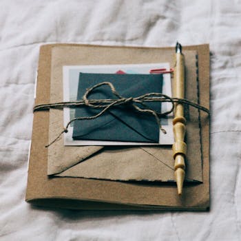 A charming vintage stationery set bound with twine, featuring envelopes and a pen on a textured background.