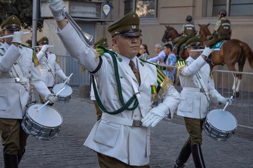 Free A ceremonial military parade featuring uniformed officers and drummers in Santiago, Chile. Stock Photo
