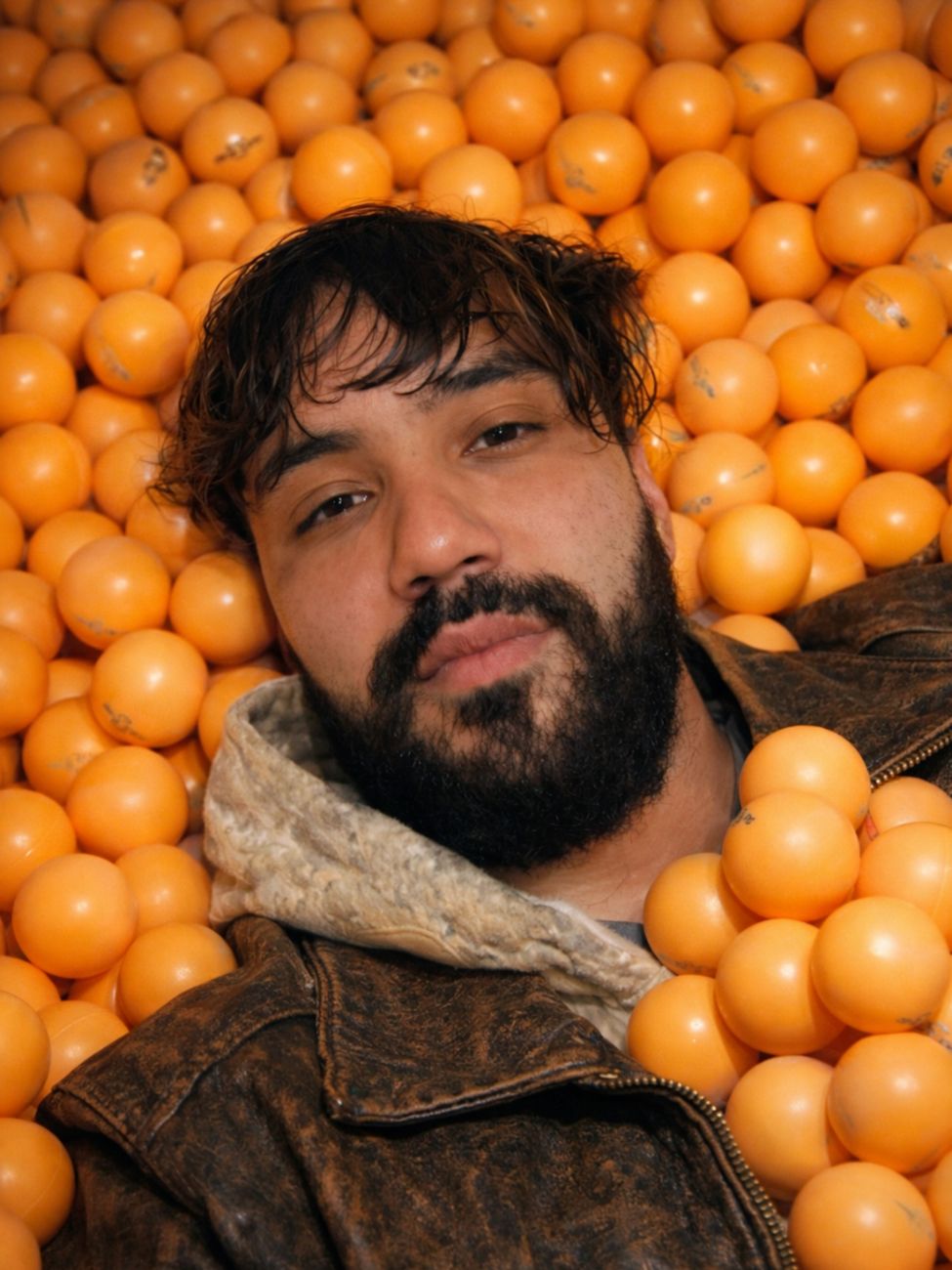 Baarden man in een stijlvolle jas omringd door heldere oranje ballen in Toronto, Canada.