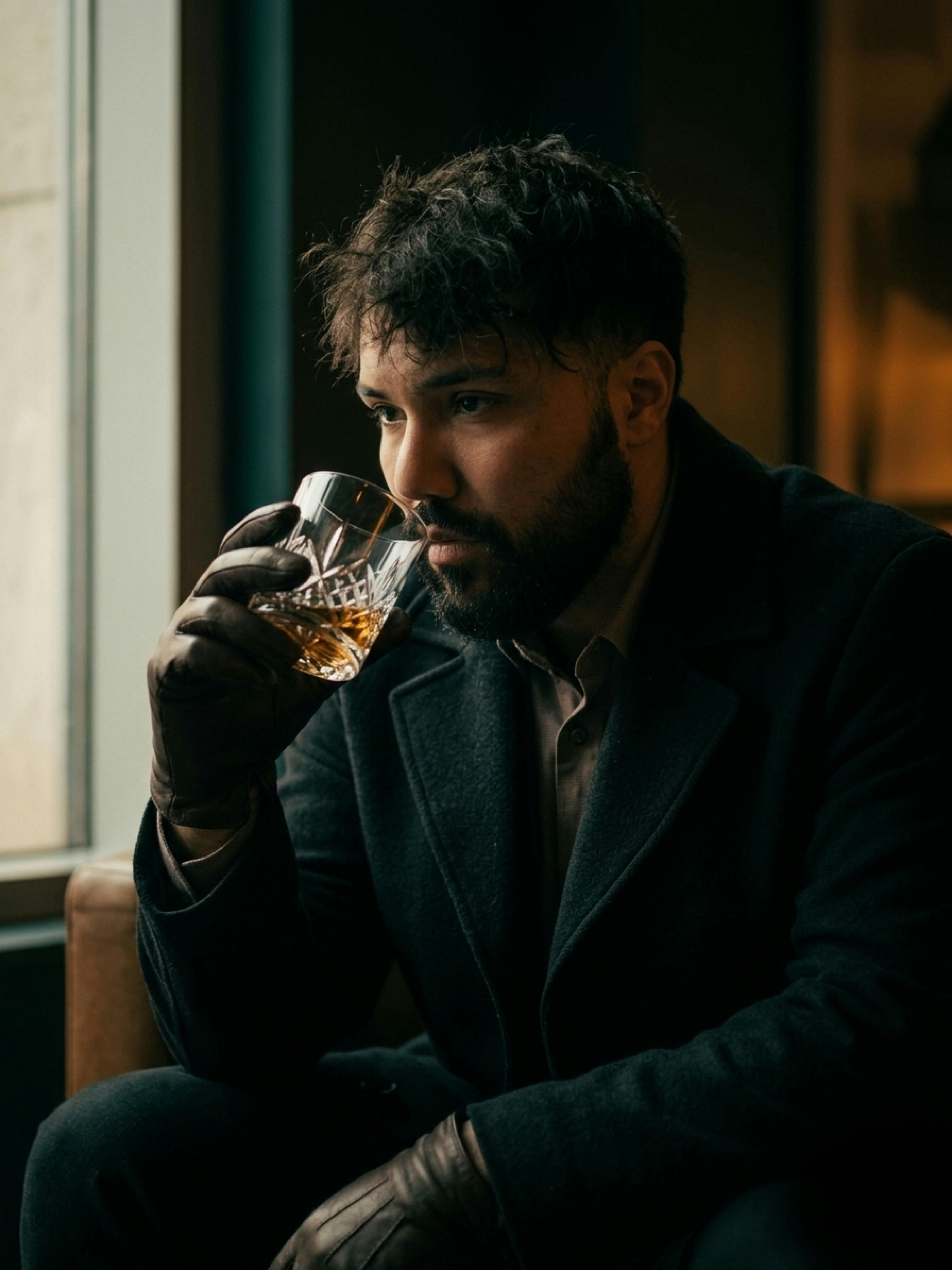 Gratis Un uomo pensieroso, avvolto in un cappotto, si gode un bicchiere di whisky in una stanza scarsamente illuminata, creando un'atmosfera malinconica. Foto a disposizione