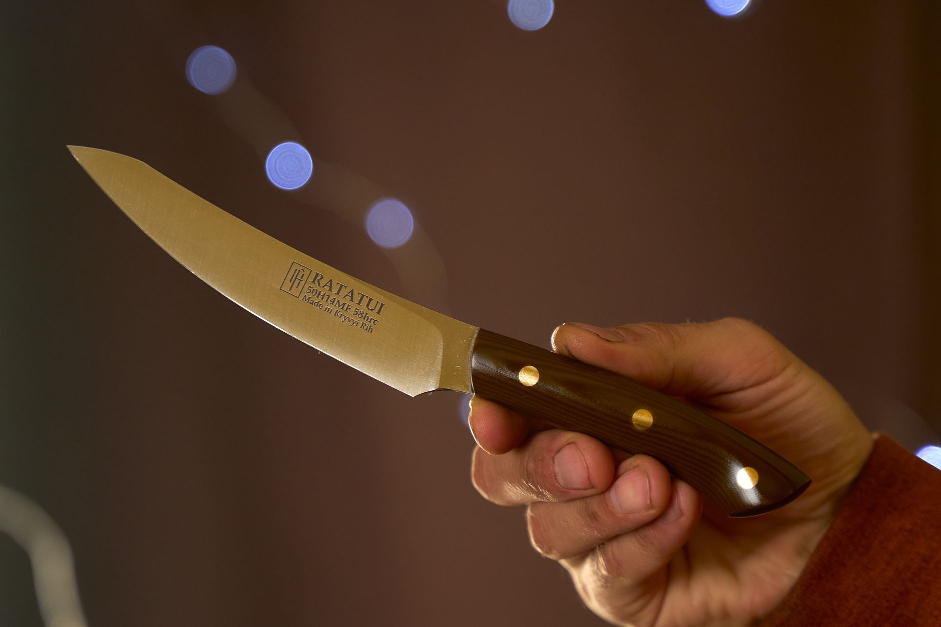 Close-up of a handcrafted kitchen knife with a wooden handle held by a hand, perfect for culinary use.