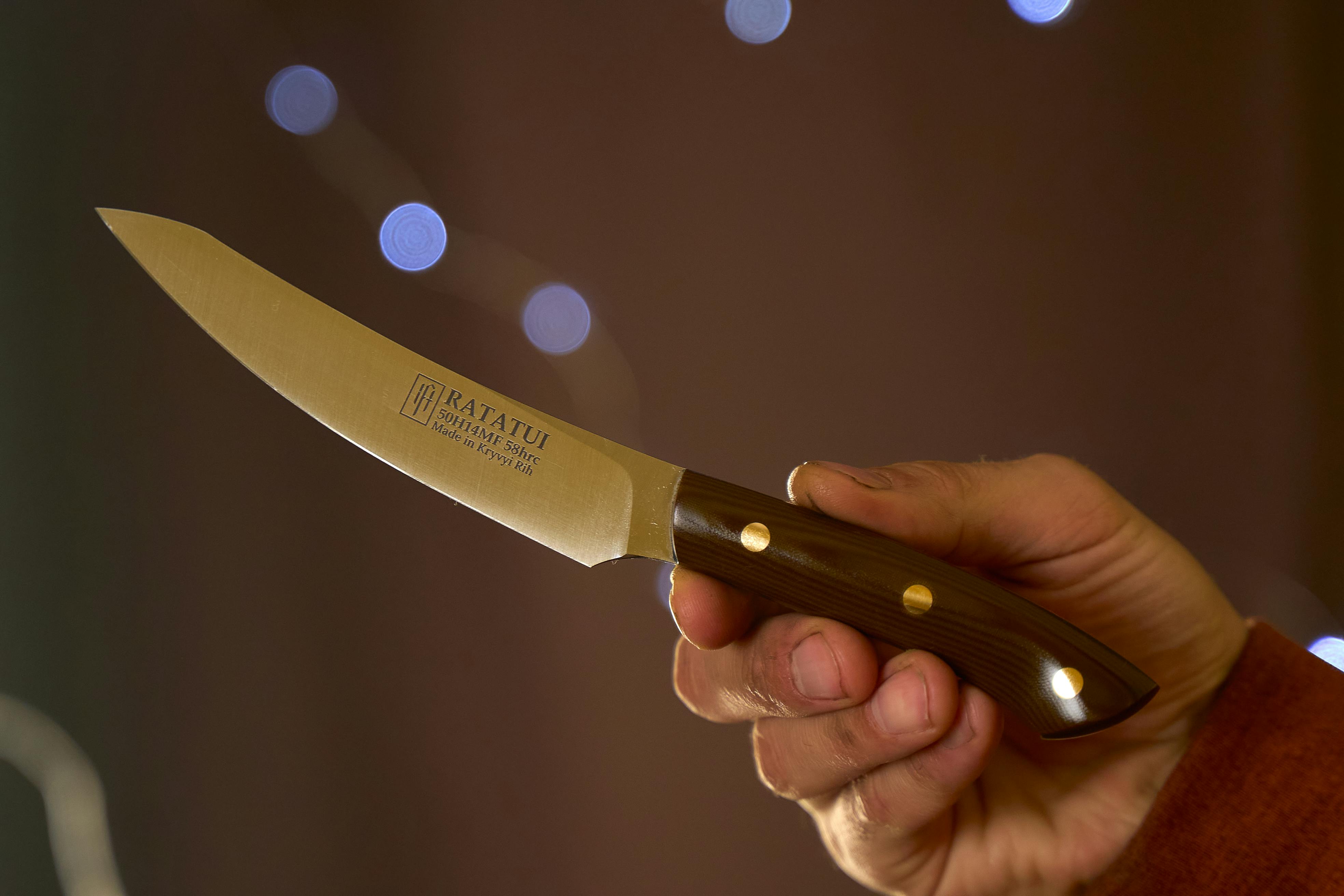 Gratis Primo piano di un coltello da cucina artigianale con manico in legno, impugnato a mano, perfetto per l'uso culinario. Foto a disposizione