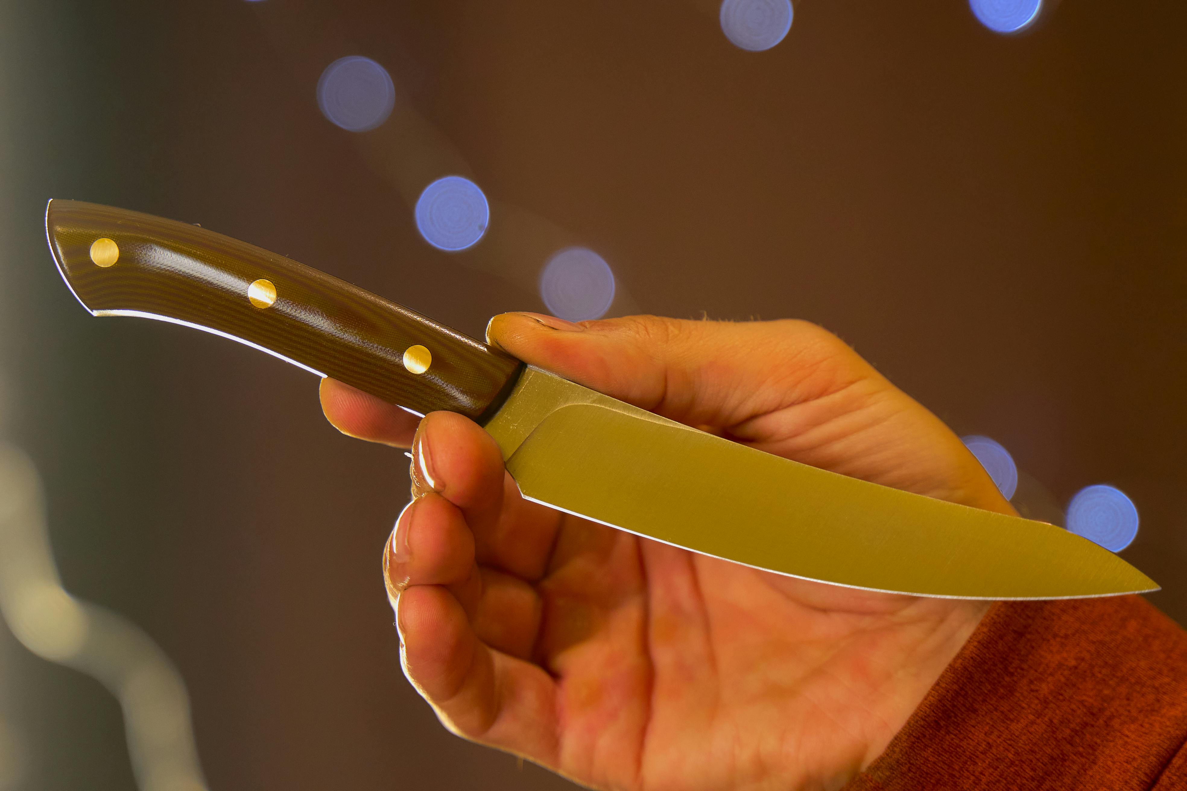 Gratis Primo piano di un coltello artigianale con manico in legno, impugnato da una mano adulta. Foto a disposizione