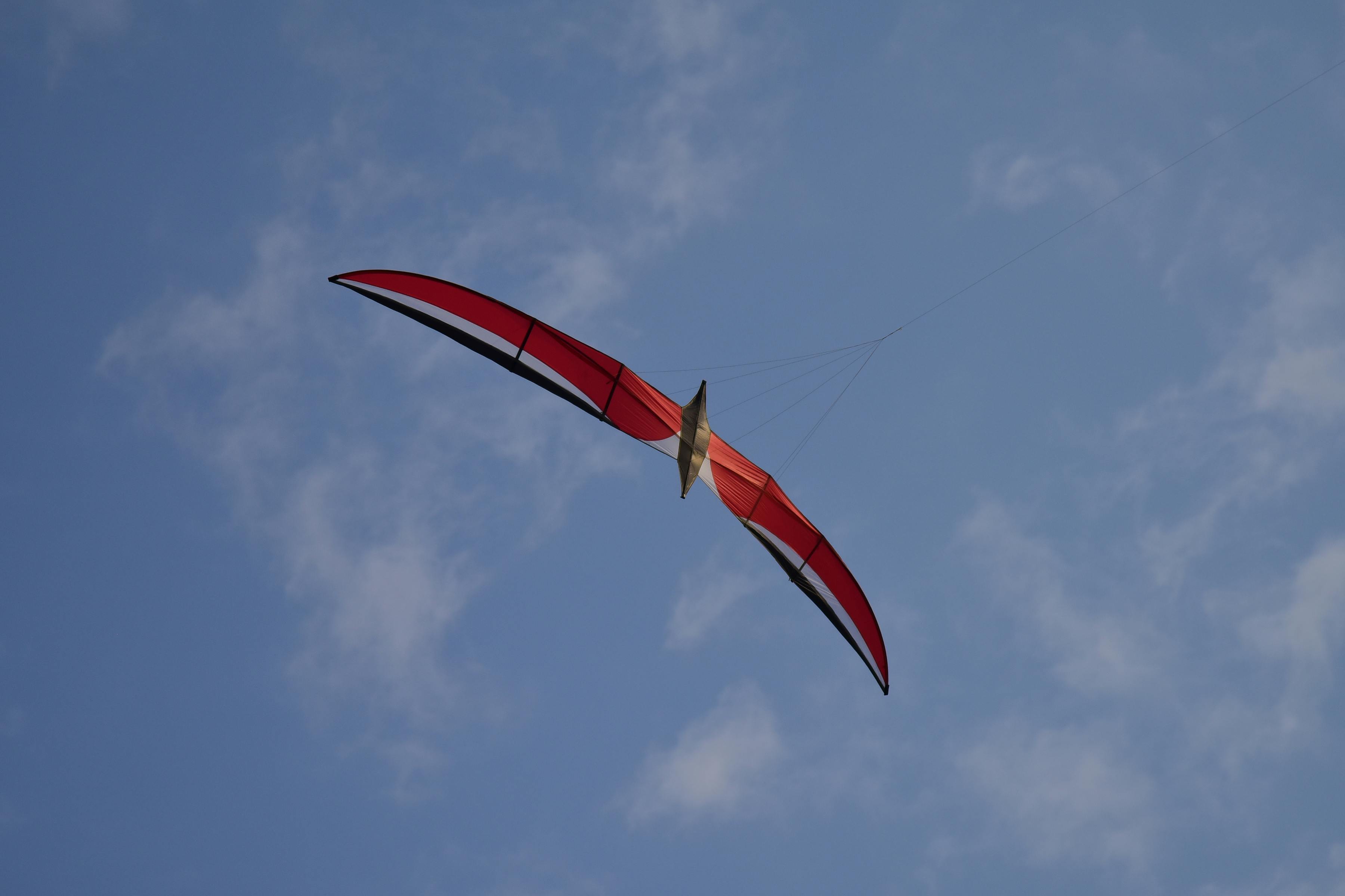 Gratis En rød hangglider flyver yndefuldt mod en klar blå himmel med bløde skyer. Lagerfoto