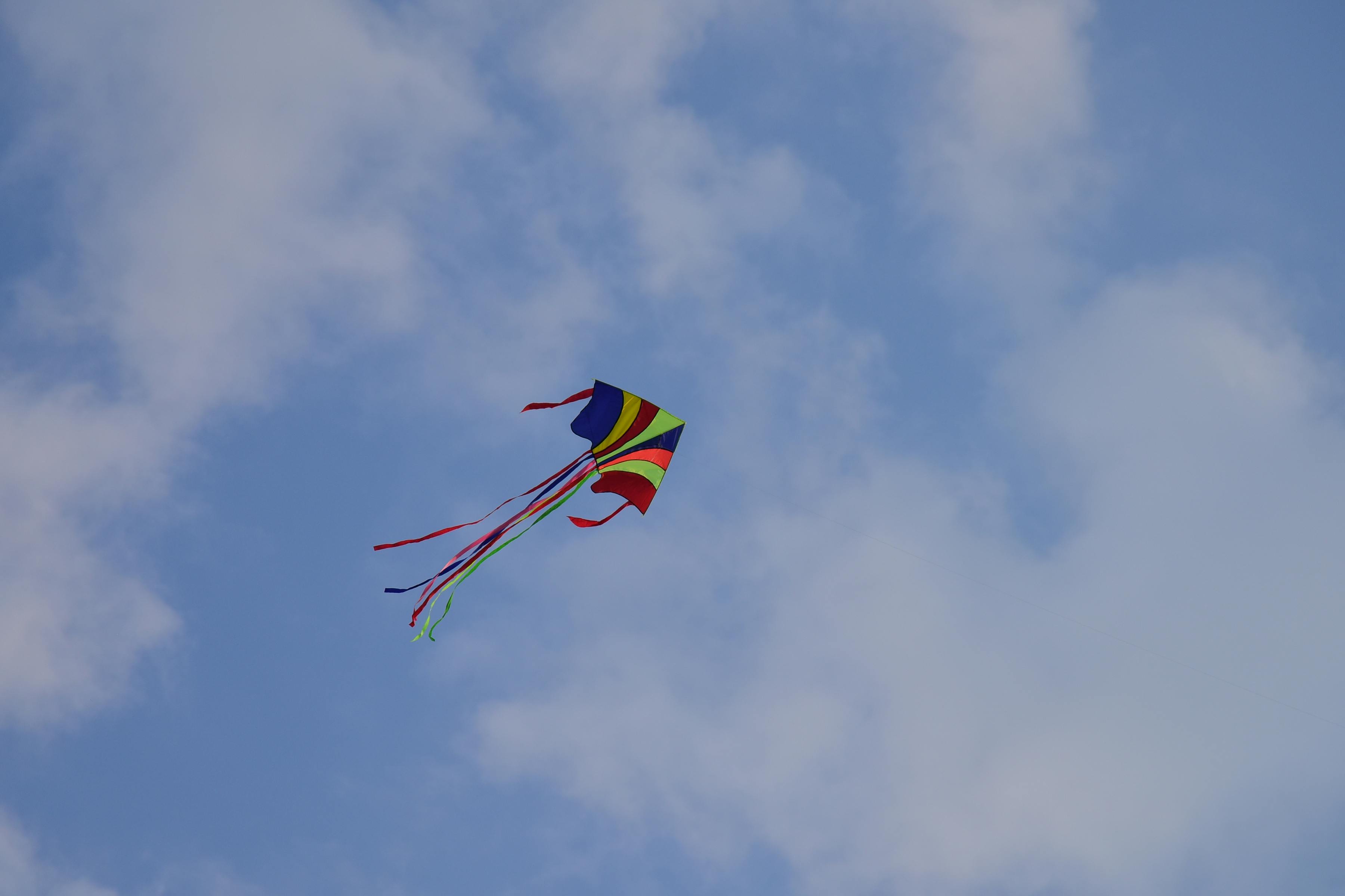 Ücretsiz Sakin mavi gökyüzü ve bulutların fonunda, kuyrukları havada süzülen canlı renkli uçurtma. Stok Fotoğraflar