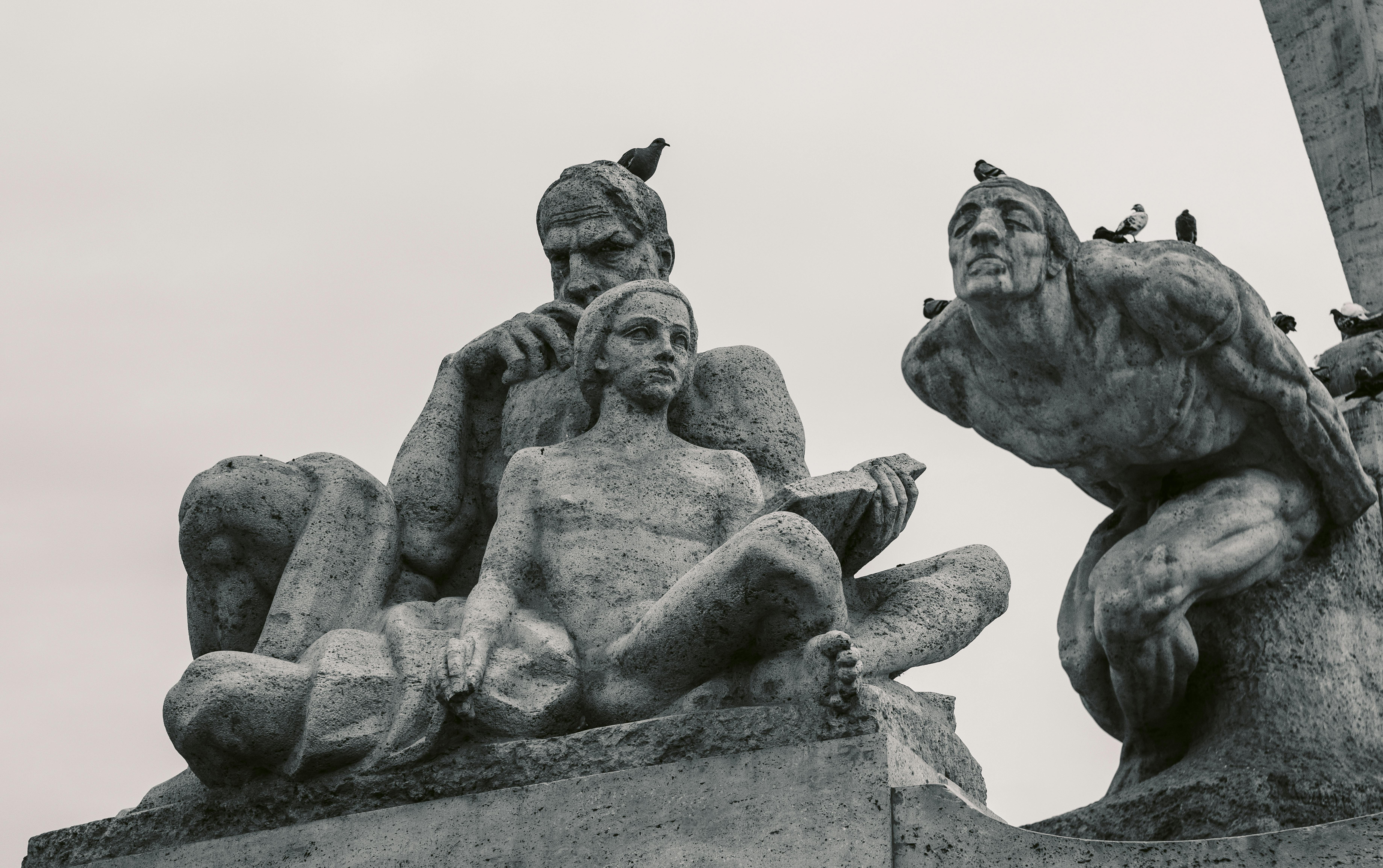 bezplatná Dramatická socha s holuby sedícími na figurách, představující umělecké kamenické práce. Základová fotografie