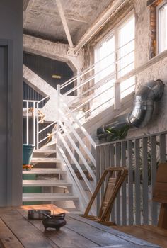 Bright loft interior featuring a modern staircase and exposed industrial elements.. bright, loft, interior