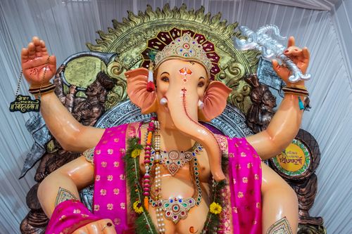 Free Colorful Ganesh idol adorned for Ganesh Chaturthi in Mumbai, showcasing intricate details and divine beauty. Stock Photo