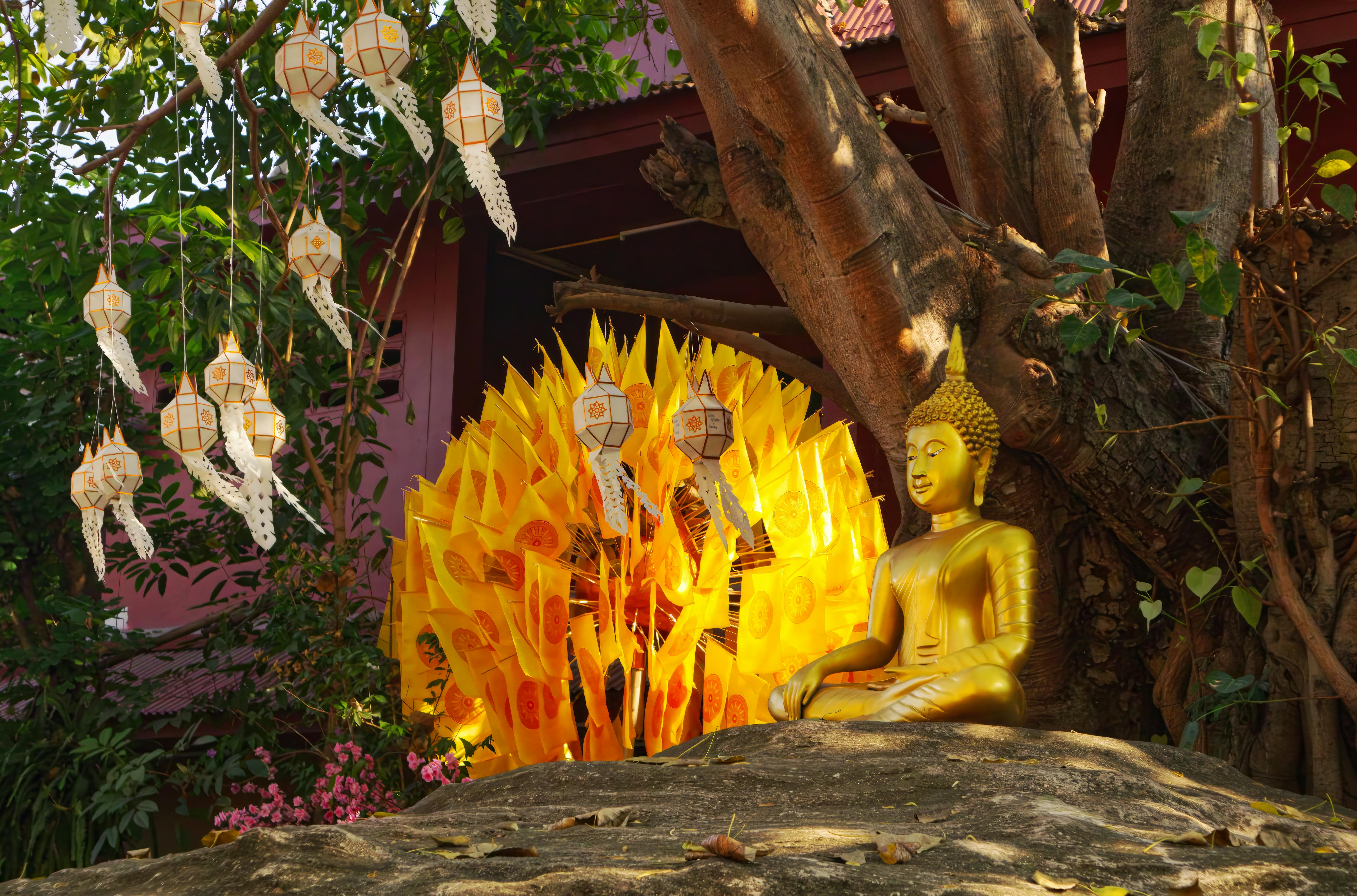 Gratuit Buddha de aur și steaguri galbene la un templu din Chiang Mai, Thailanda Fotografie de stoc