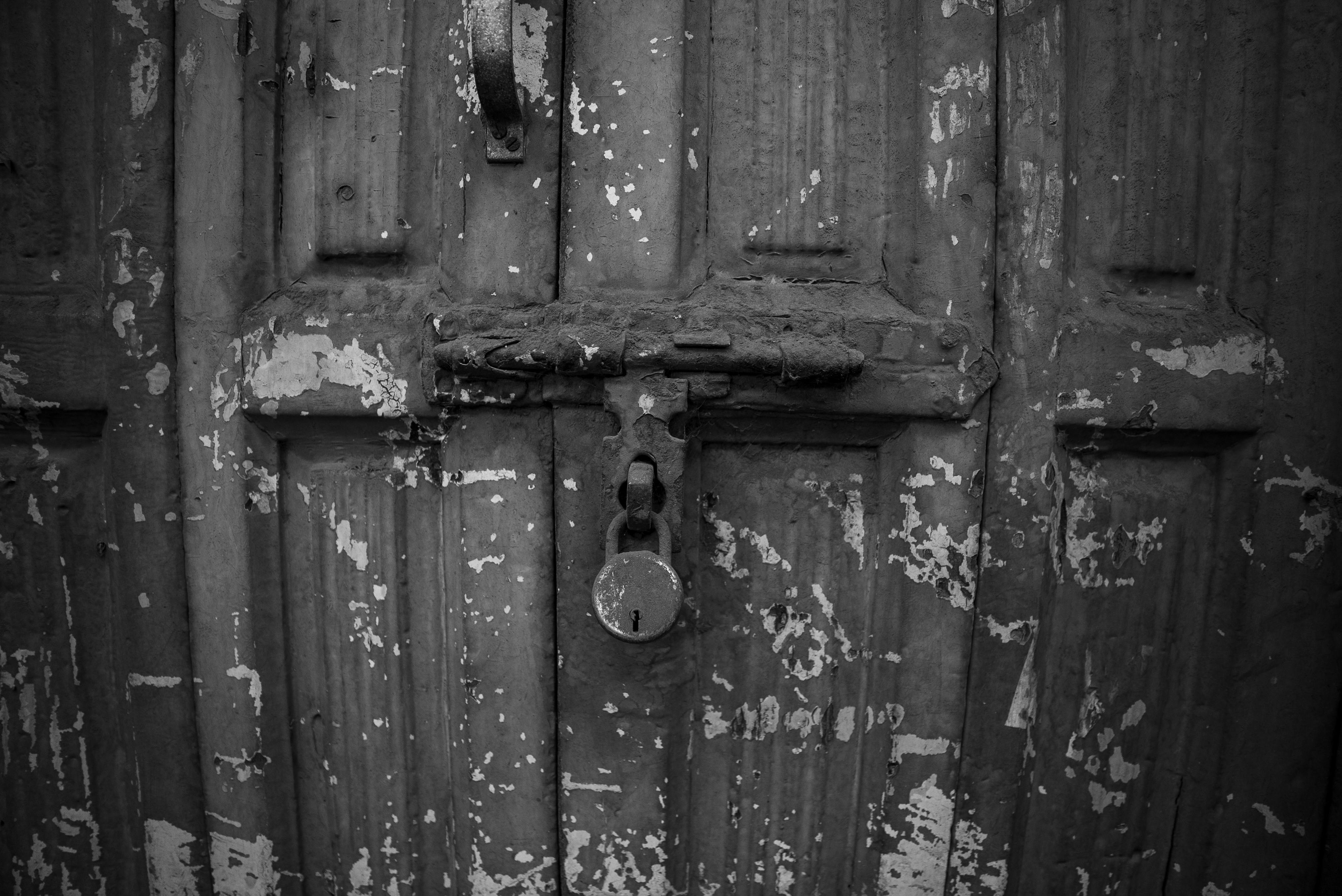 bezplatná Detail starých dřevěných dveří s olupující se barvou a rezavým visacím zámkem. Základová fotografie