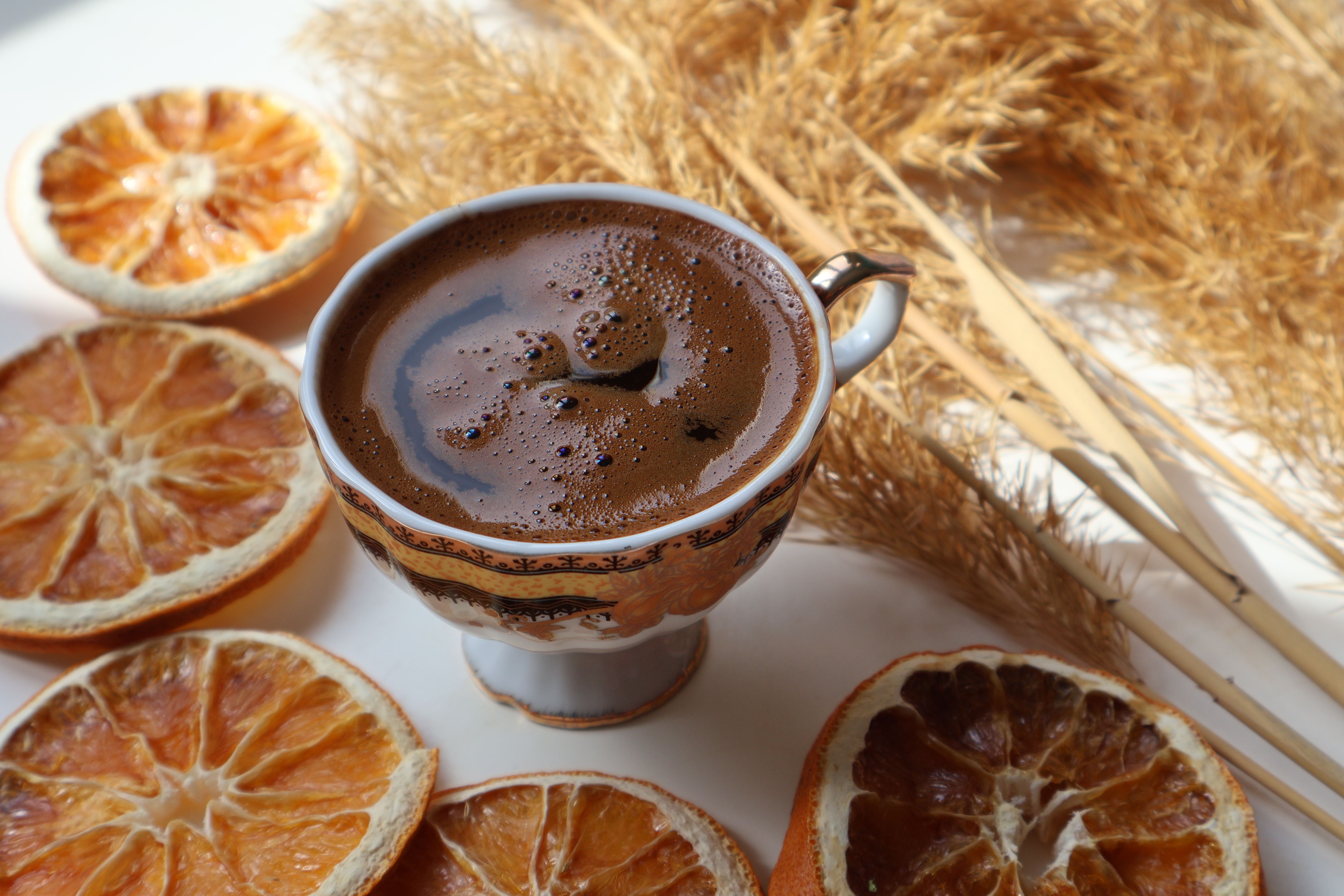 Elegant vintage coffee cup with frothy coffee surrounded by dried oranges and wheat for a rustic feel.