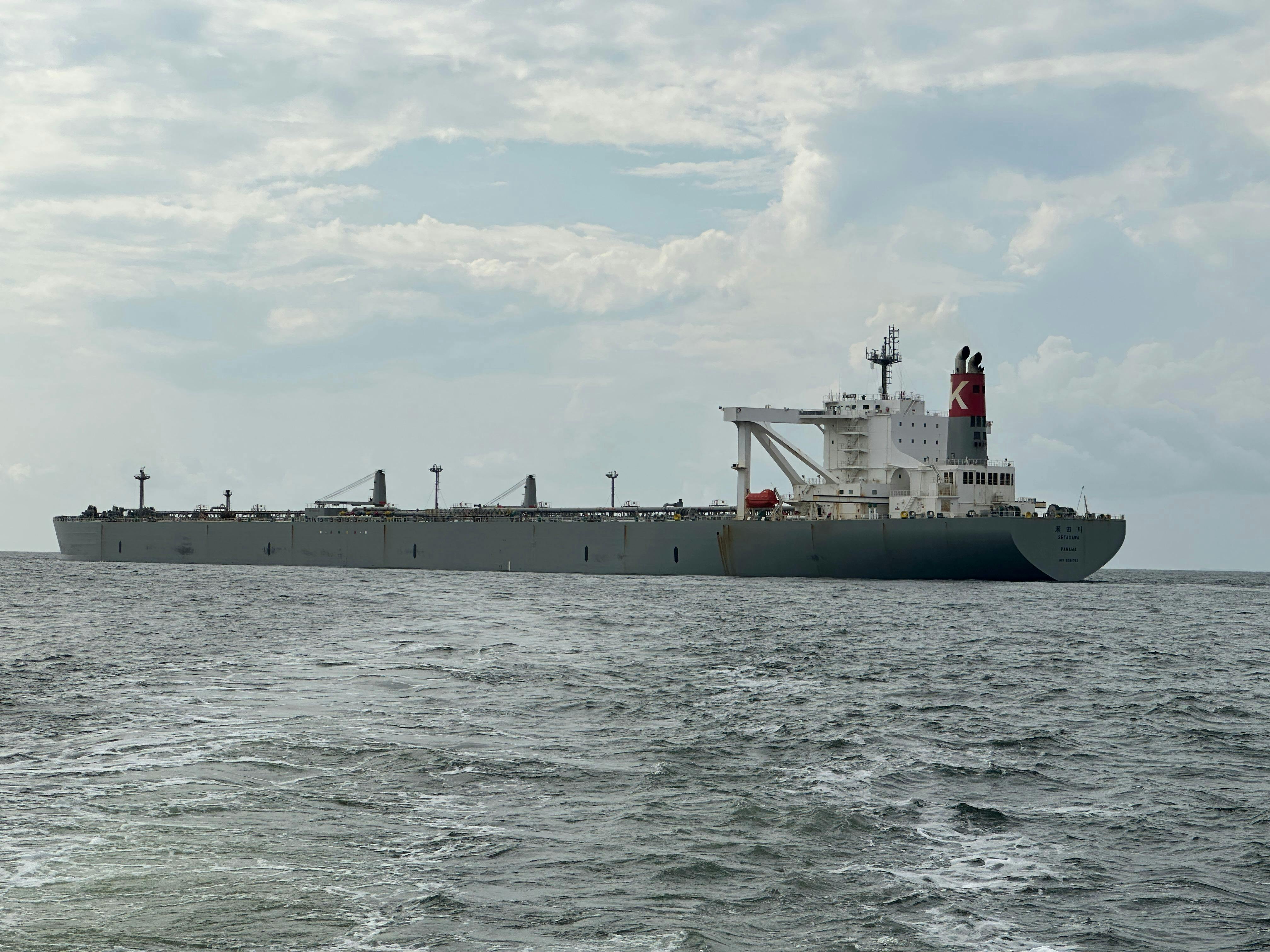 De franc Un enorme vaixell de càrrega navega per mar obert, mostrant el transport marítim sota un cel ennuvolat. Foto d'estoc