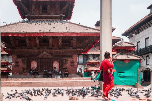 Free Basantapur Durbar Square with pigeons and people, Kathmandu, Nepal. Stock Photo
