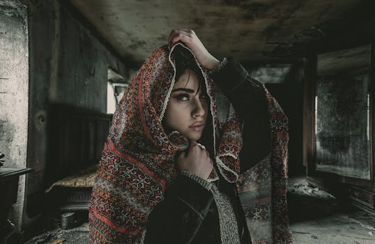 一位戴着图案围巾的女人，站在一座废弃的建筑里的肖像