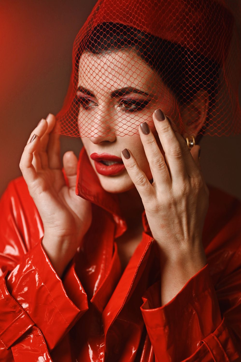 Elegant Woman in Red Veil and Coat Portrait · Free Stock Photo