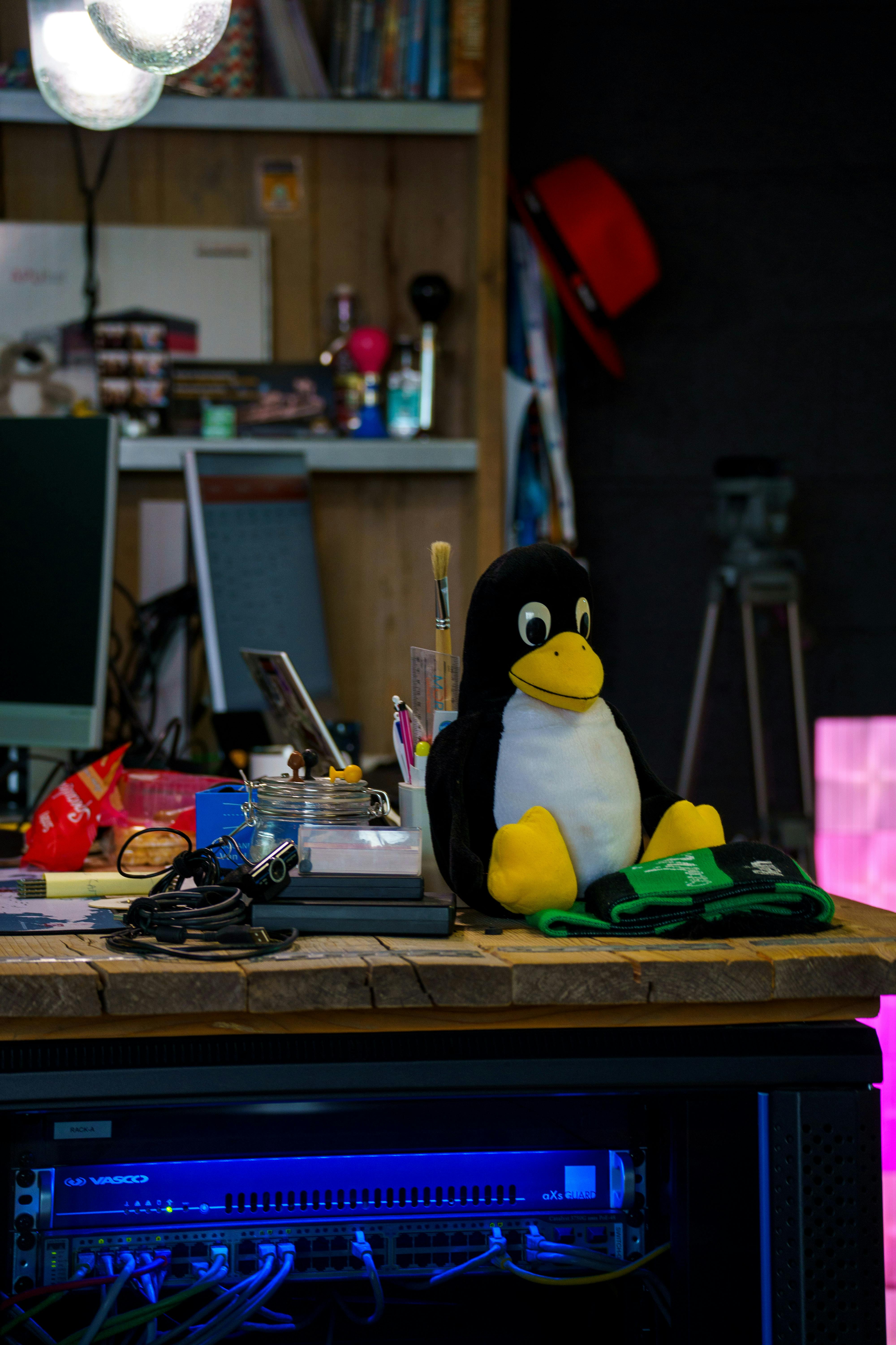無料 デスクの上にはタックスペンギンのマスコットが飾られた、カラフルなテクノロジー系ワークスペース。 写真素材