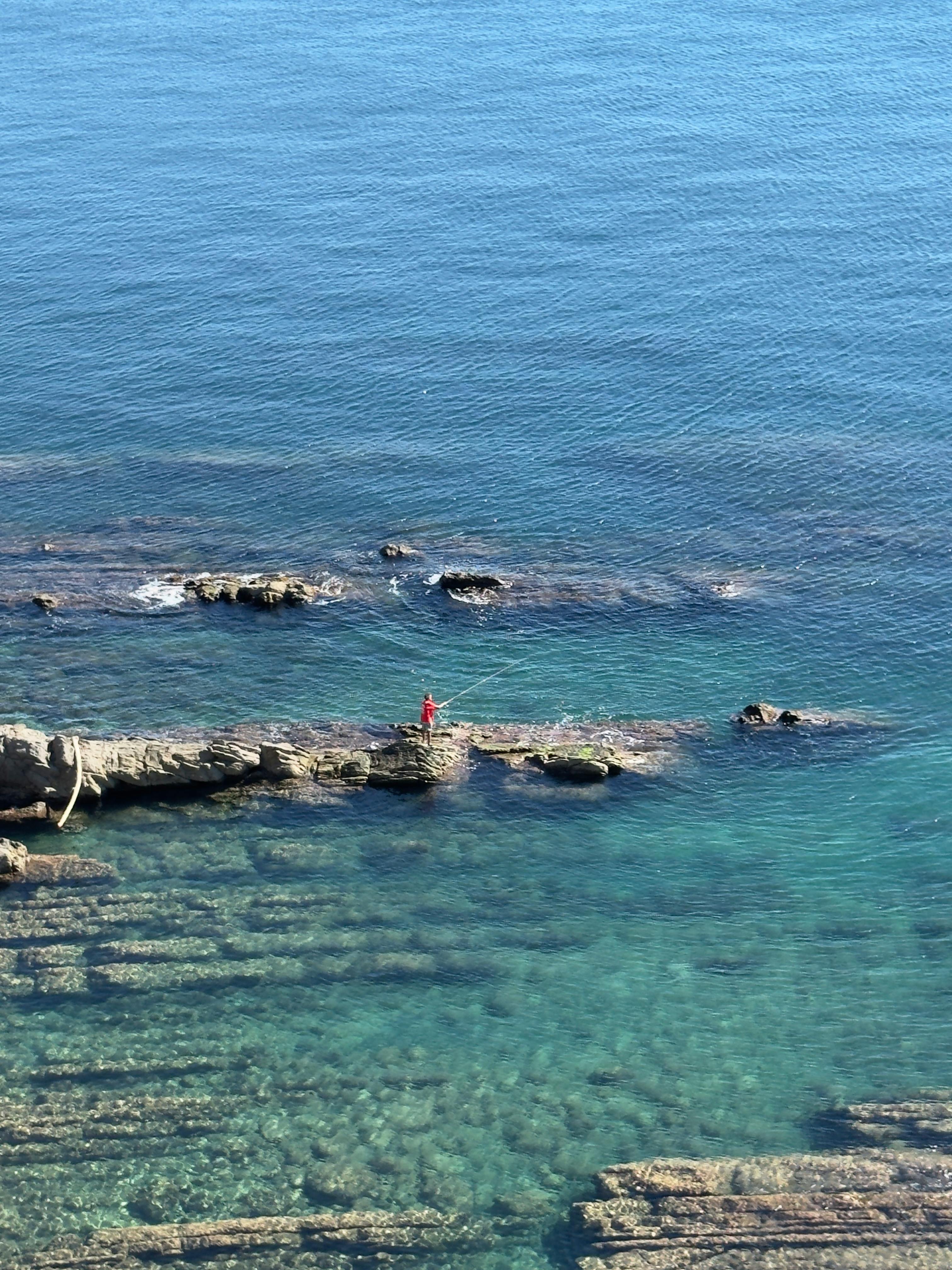 grátis Um pescador solitário está de pé na costa rochosa, pescando nas águas cristalinas da Ligúria, Itália. Foto profissional