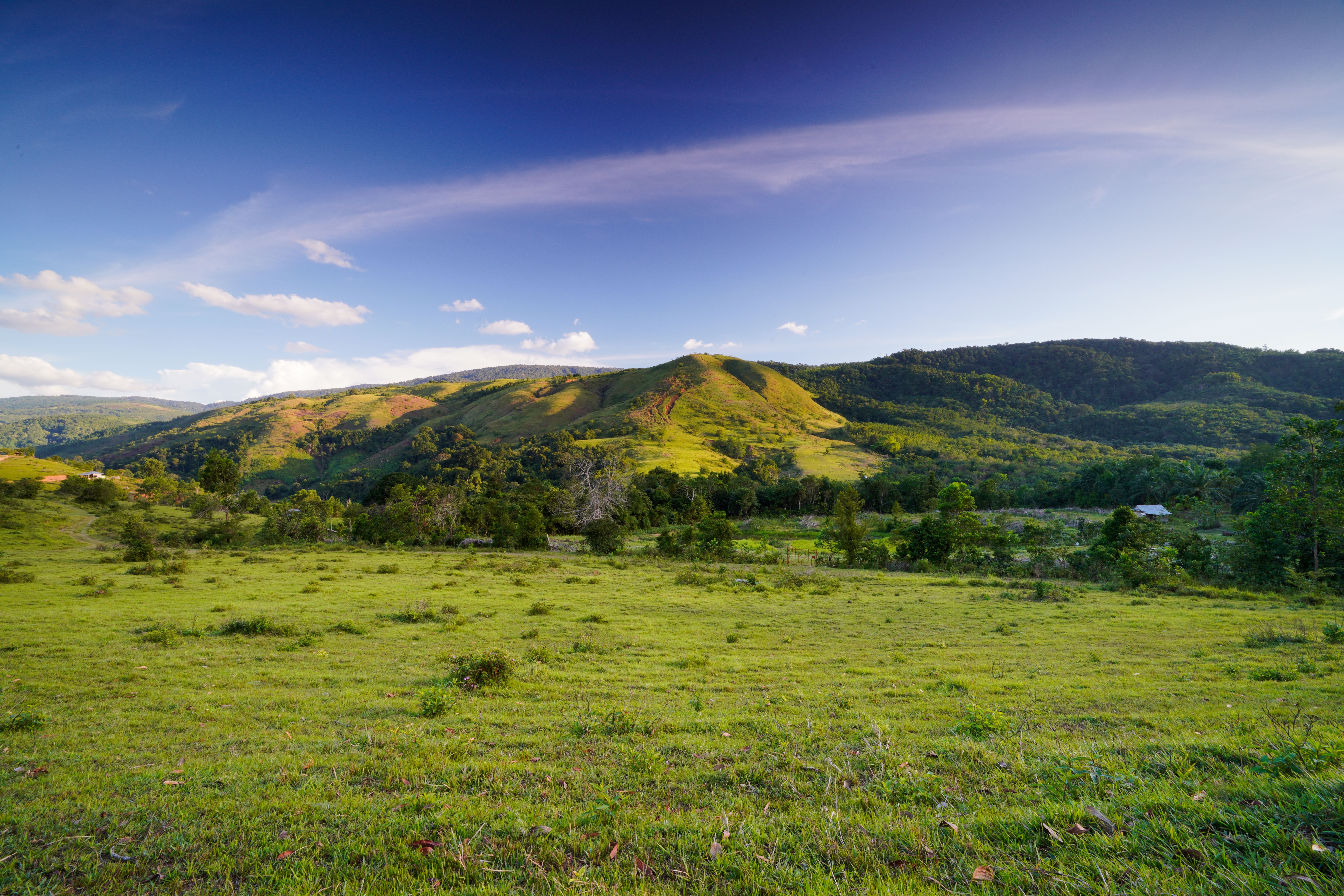 Beautiful landscape of rolling green hills under a clear blue sky in North Sumatra, Indonesia.