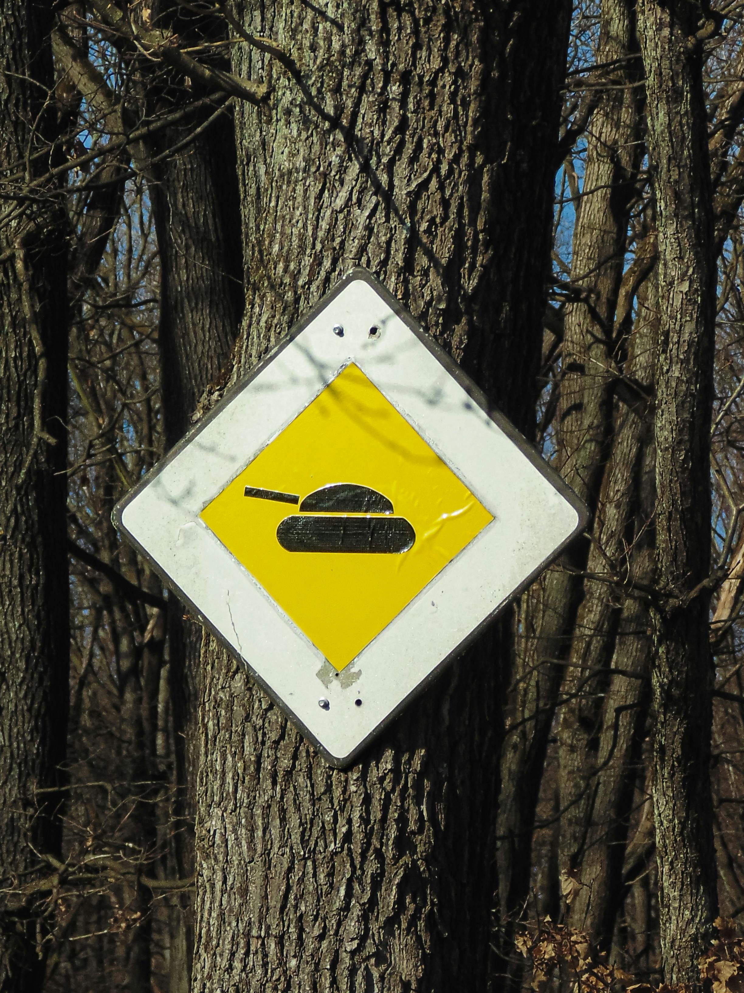 Gratuit Panneau jaune d'avertissement de char d'assaut, fixé sur un tronc d'arbre dans une zone boisée, indiquant une zone militaire. Photos