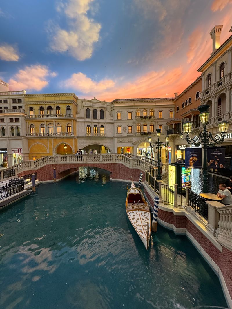 Venetian canal replica with gondola and bridge inside the Venetian Las Vegas