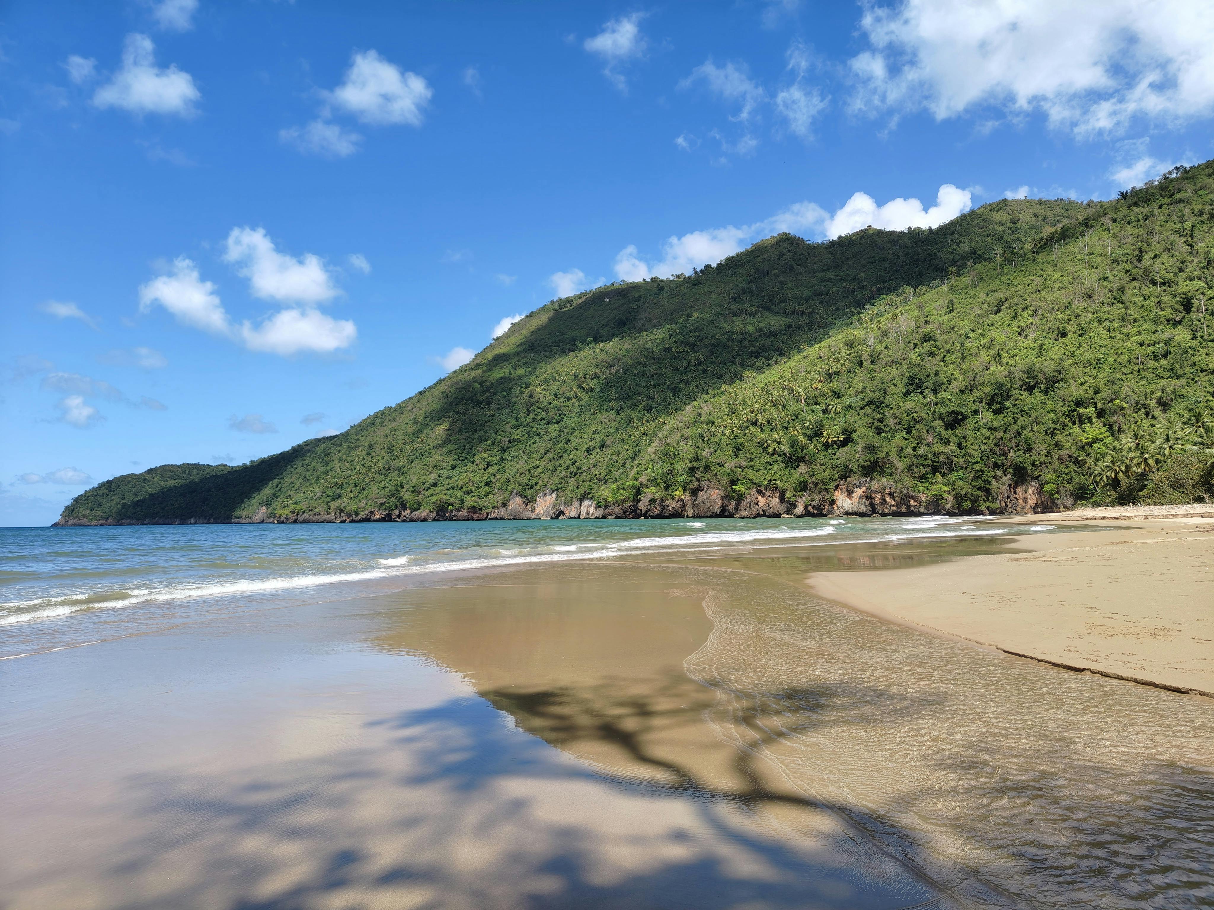Gratis Fantastisk tropisk strandscene med frodige, grønne åser og en livlig blå himmel. Arkivbilde