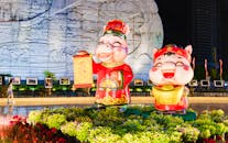 Colorful Pig Statues at Night Festival