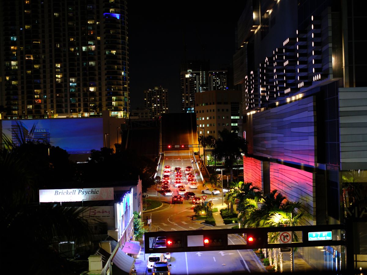 Neon-lit Miami street at night