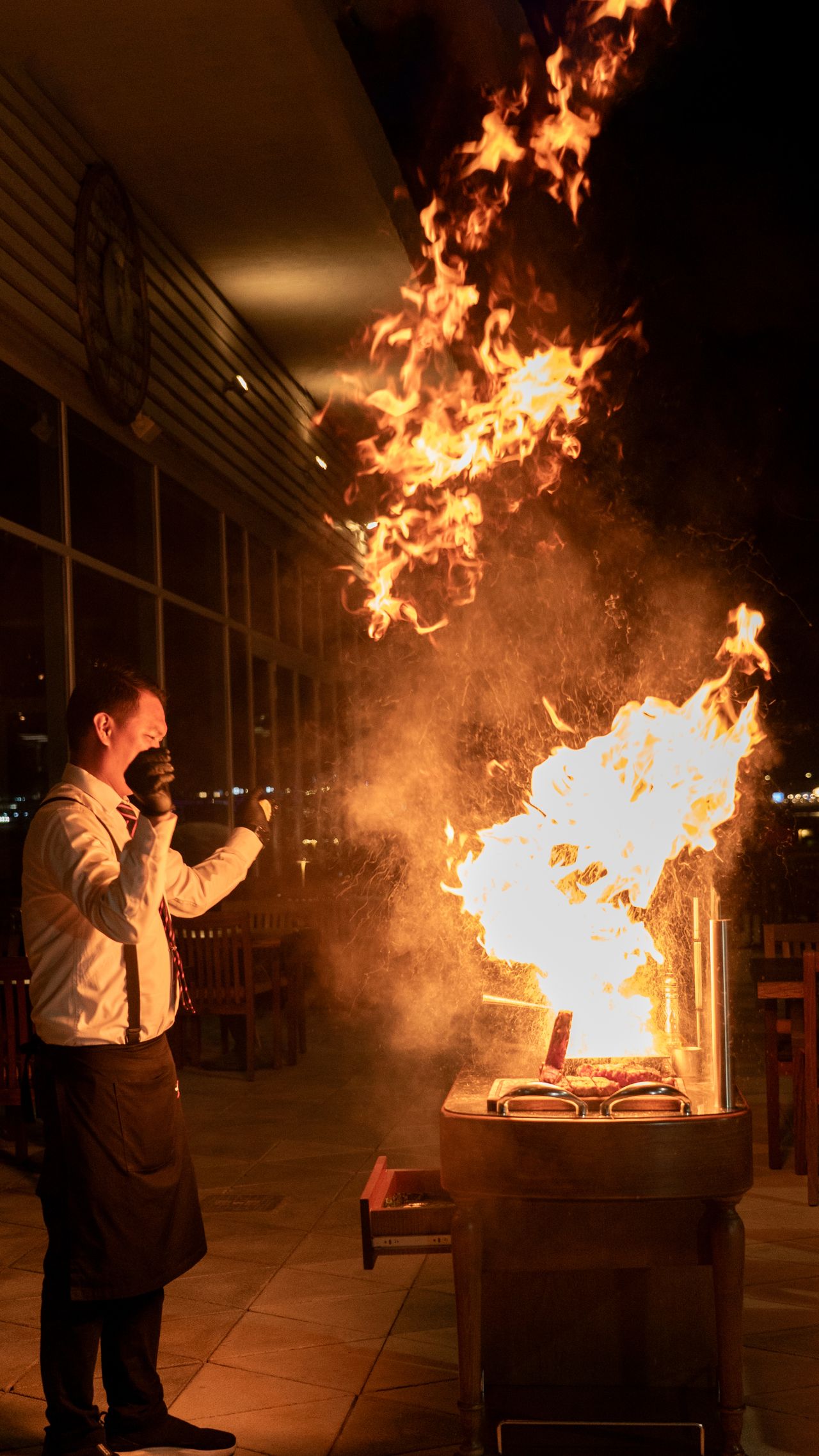 A dramatic flame show at night