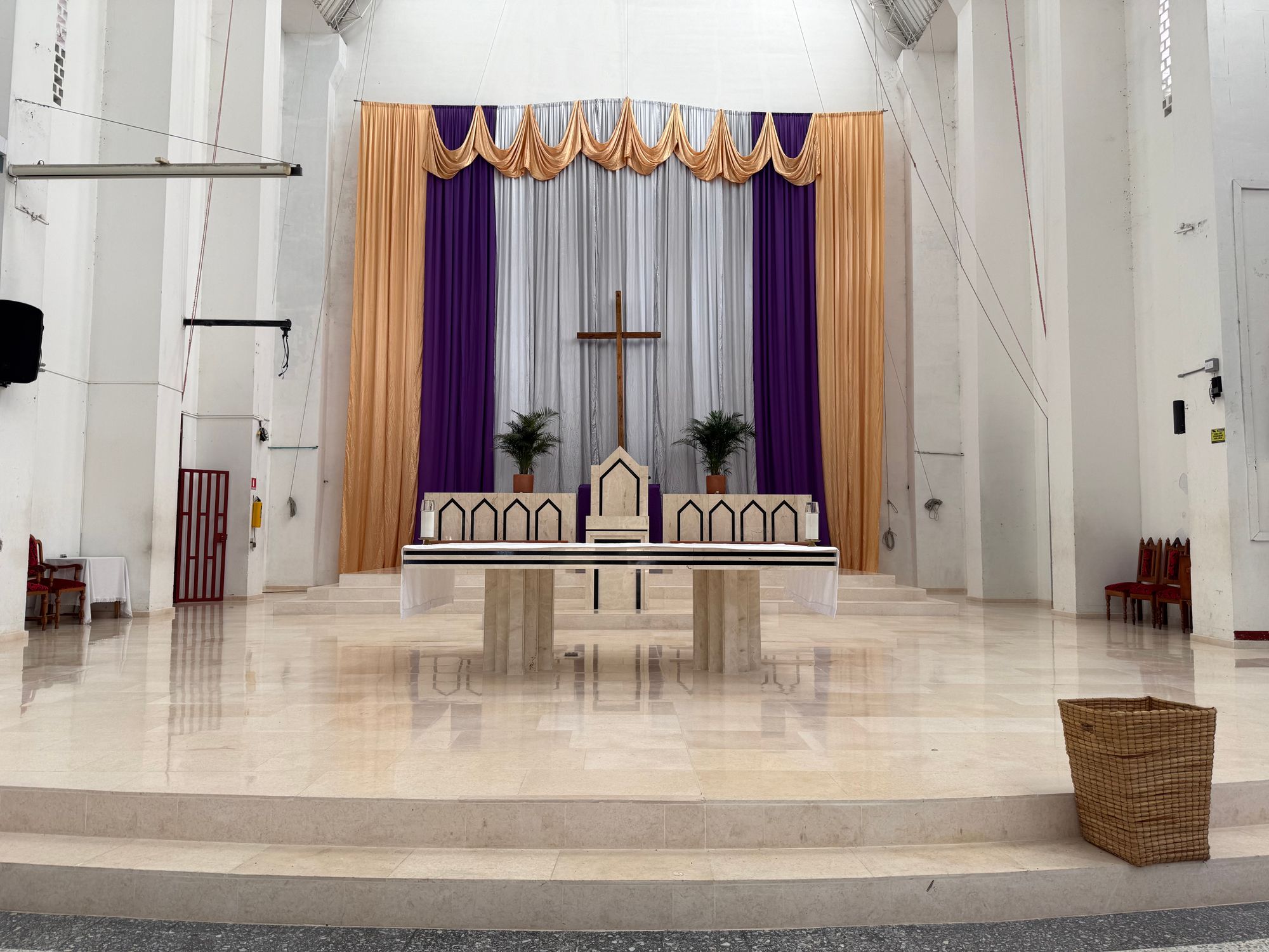 Elegant Church Interior With Cross Altar Free Stock Photo elegant-church-interior-with-cross-altar-free-stock-photo