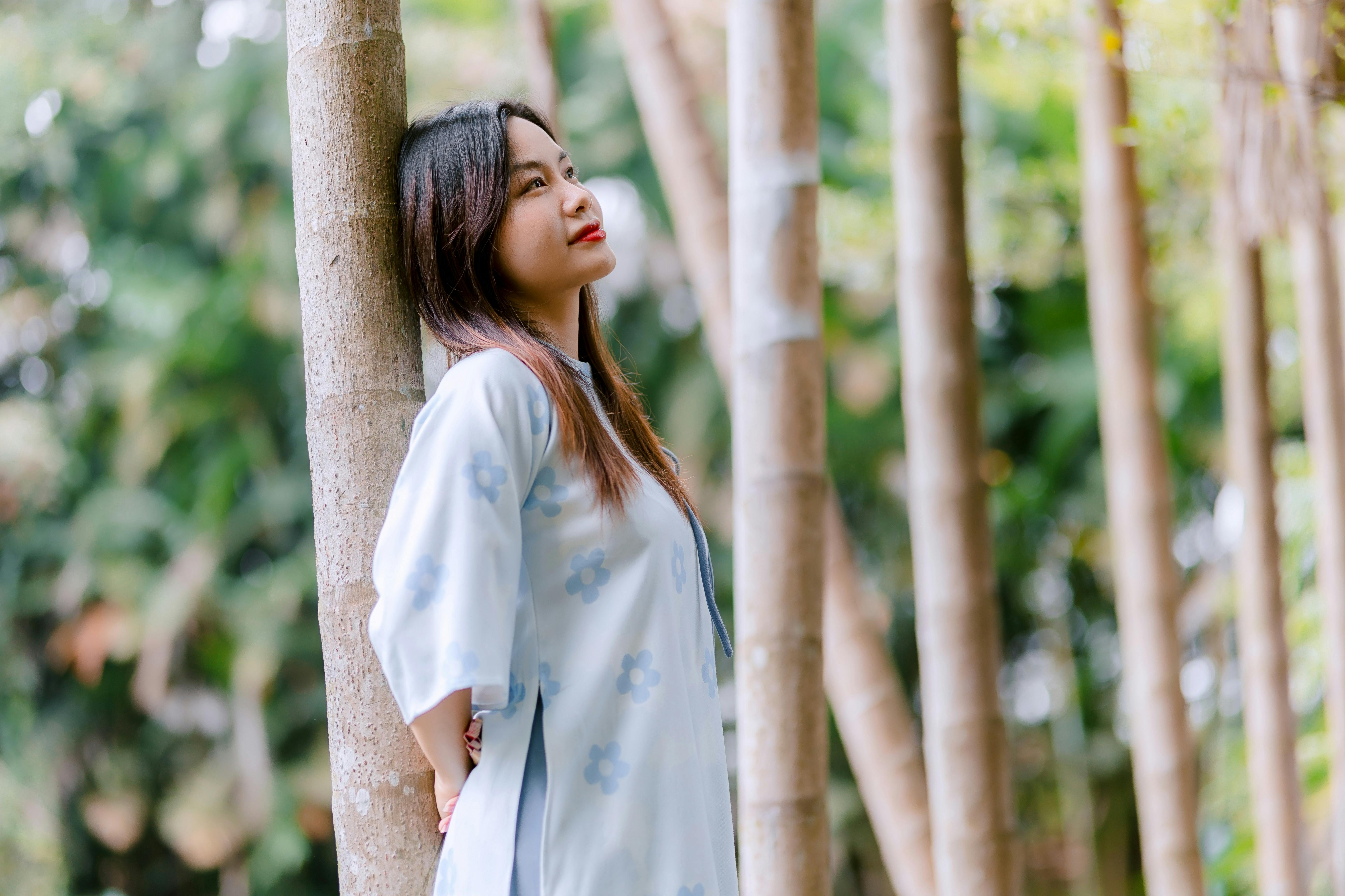 免费 一位女子站在静谧的森林中，倚靠在一棵树上，陷入沉思。 素材图片