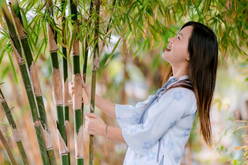Free Smiling woman in bamboo grove enjoying nature and tranquility. Stock Photo