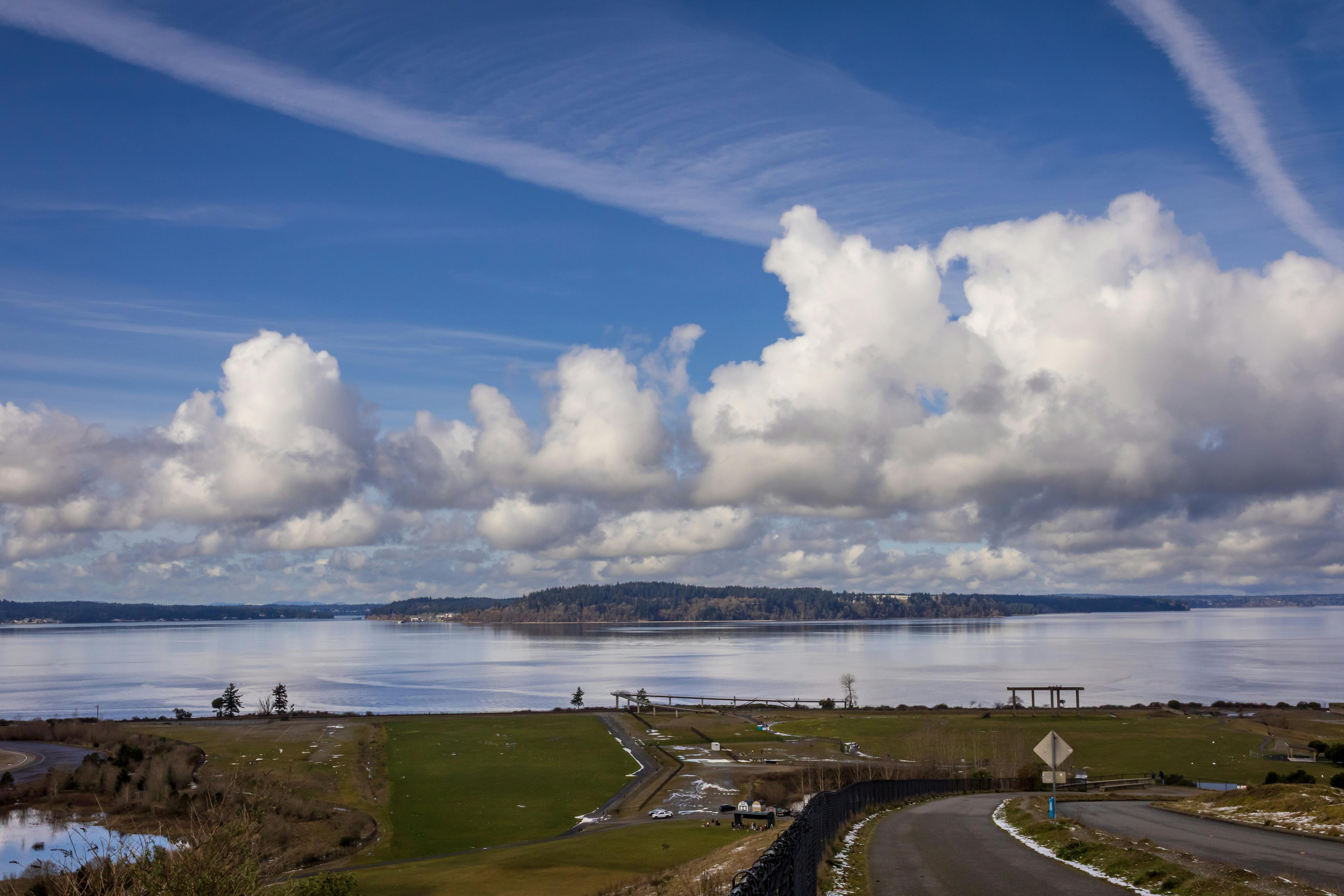 Gratis Fredfyldt kystudsigt med vidstrakt overskyet himmel over roligt vand og grønne marker. Lagerfoto