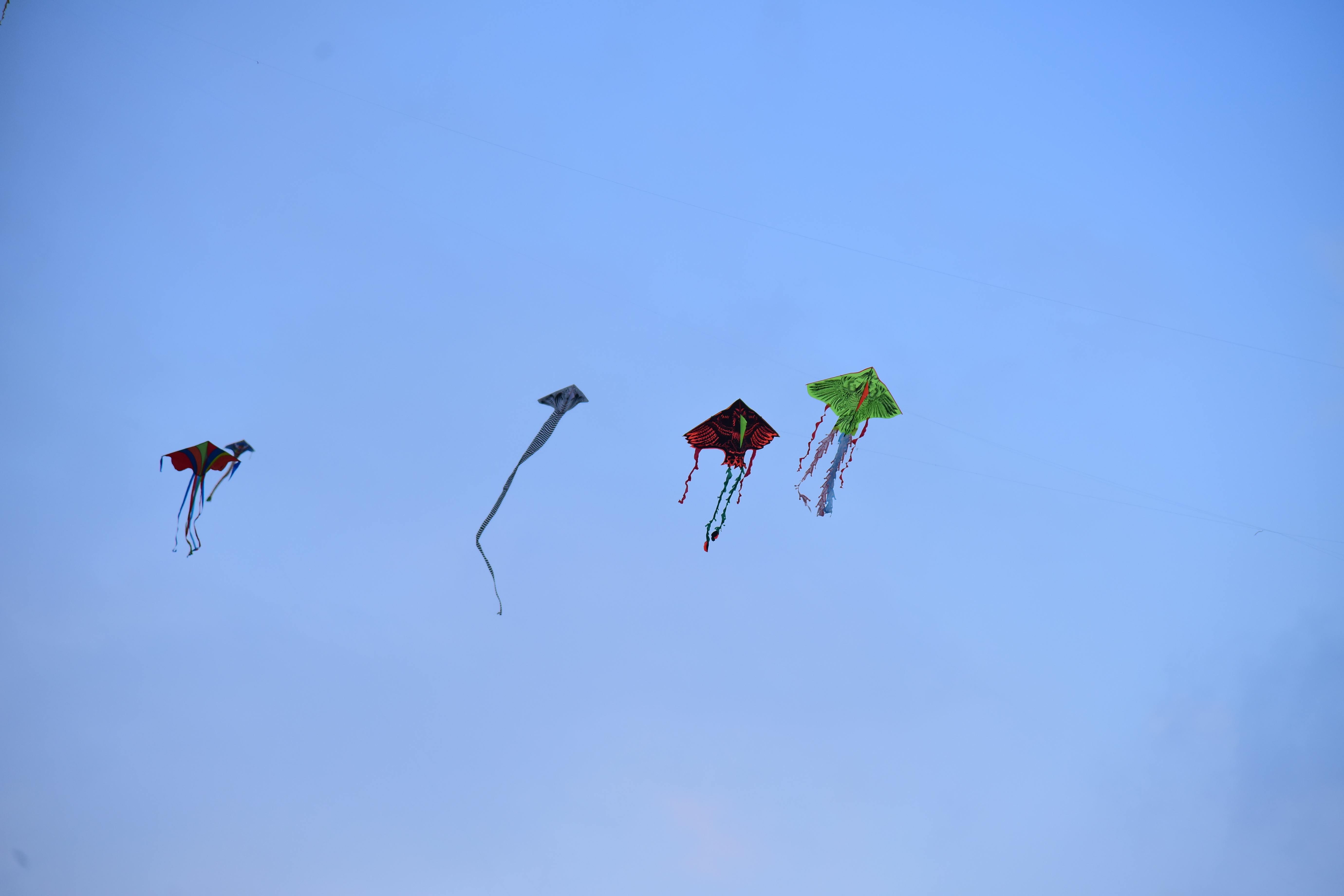 grátis Quatro pipas vibrantes voando alto contra um céu azul claro, simbolizando liberdade e alegria. Foto profissional