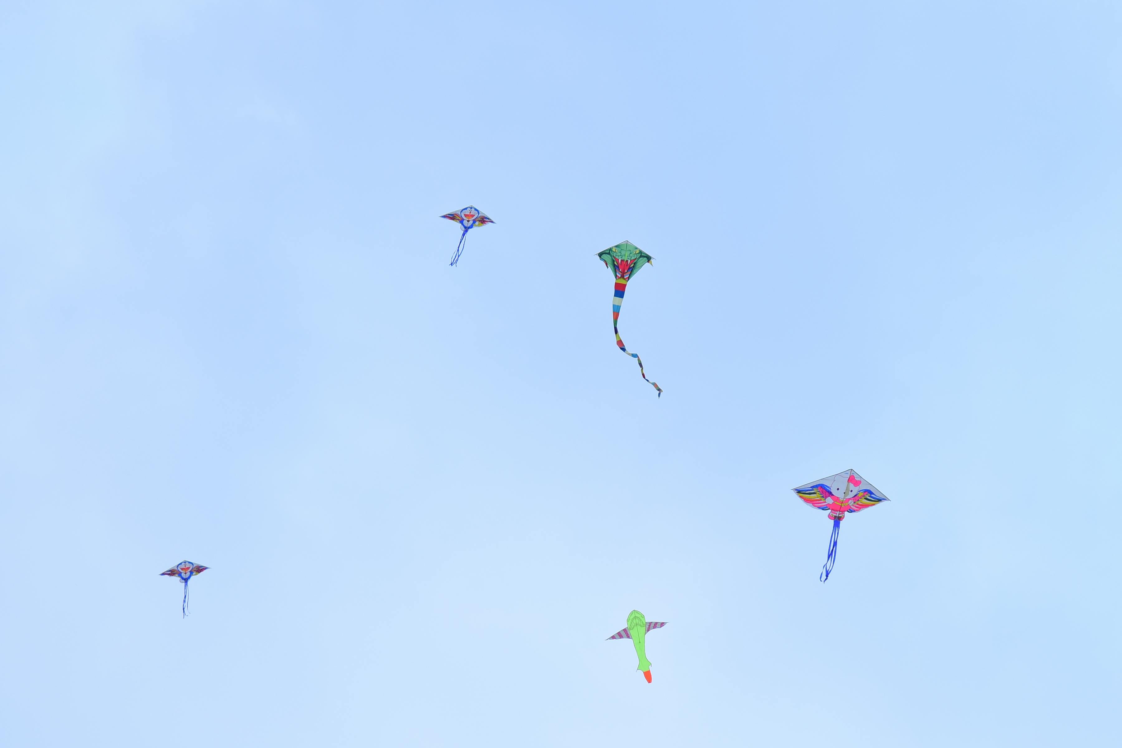 免費 五隻色彩鮮豔的風箏在湛藍的天空下高高飛翔，展現出繽紛的戶外體驗。 圖庫相片