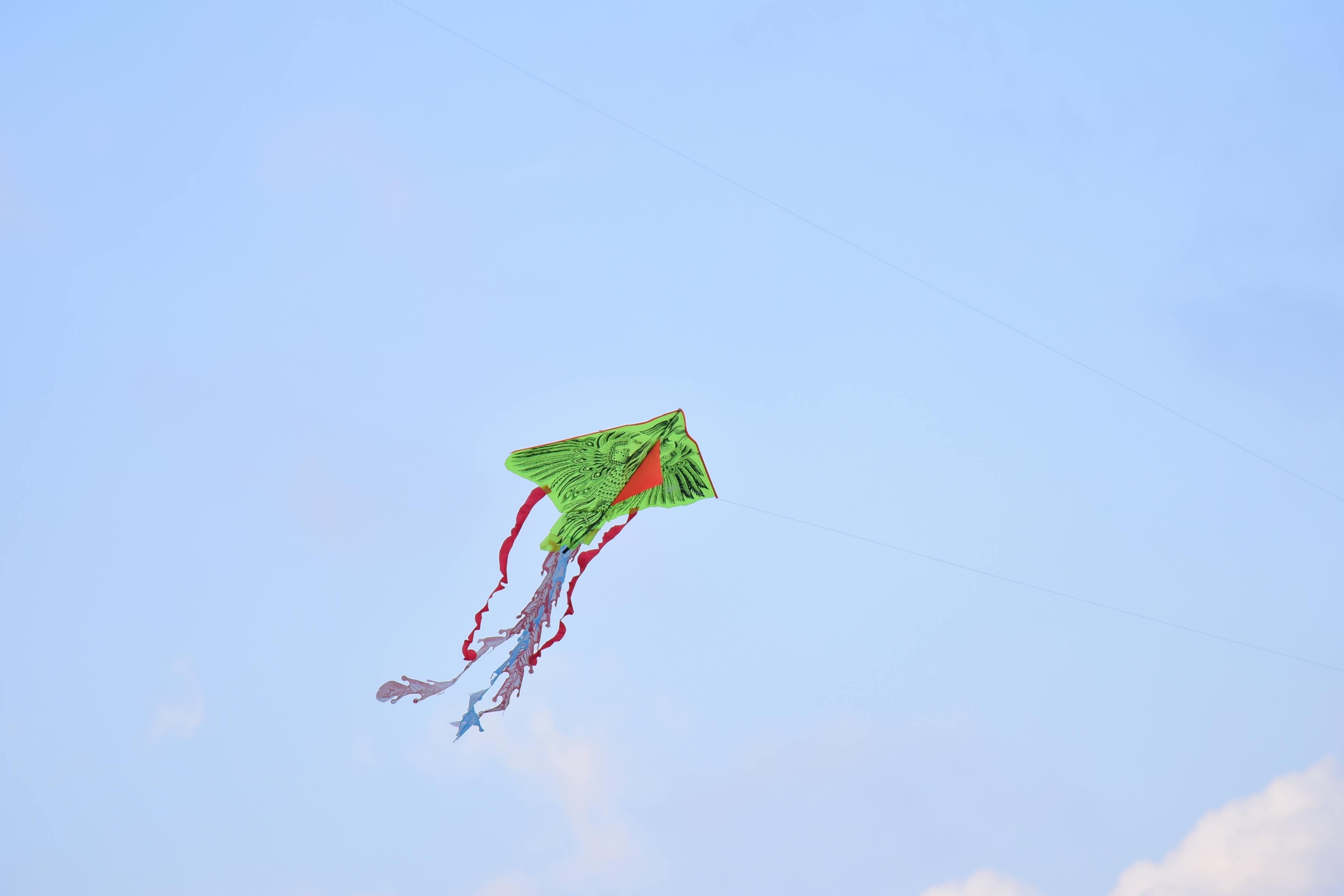бесплатная Ярко-зелёный воздушный змей с эффектными хвостами парит высоко на фоне чистого голубого неба. Стоковое фото