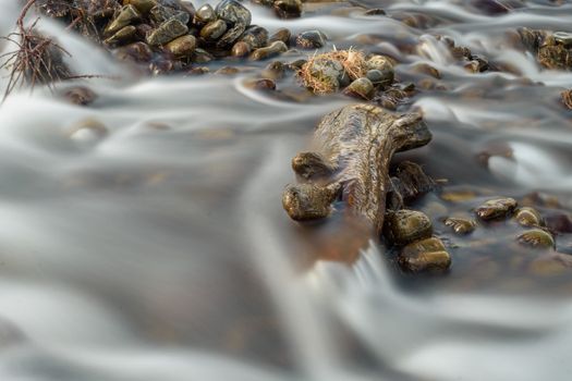 A tranquil stream flows smoothly over pebbles and rocks creating a serene natural scene.