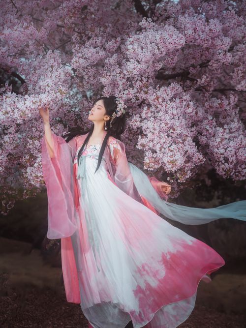 Free Woman in traditional dress standing gracefully under full-bloom cherry blossoms. Stock Photo