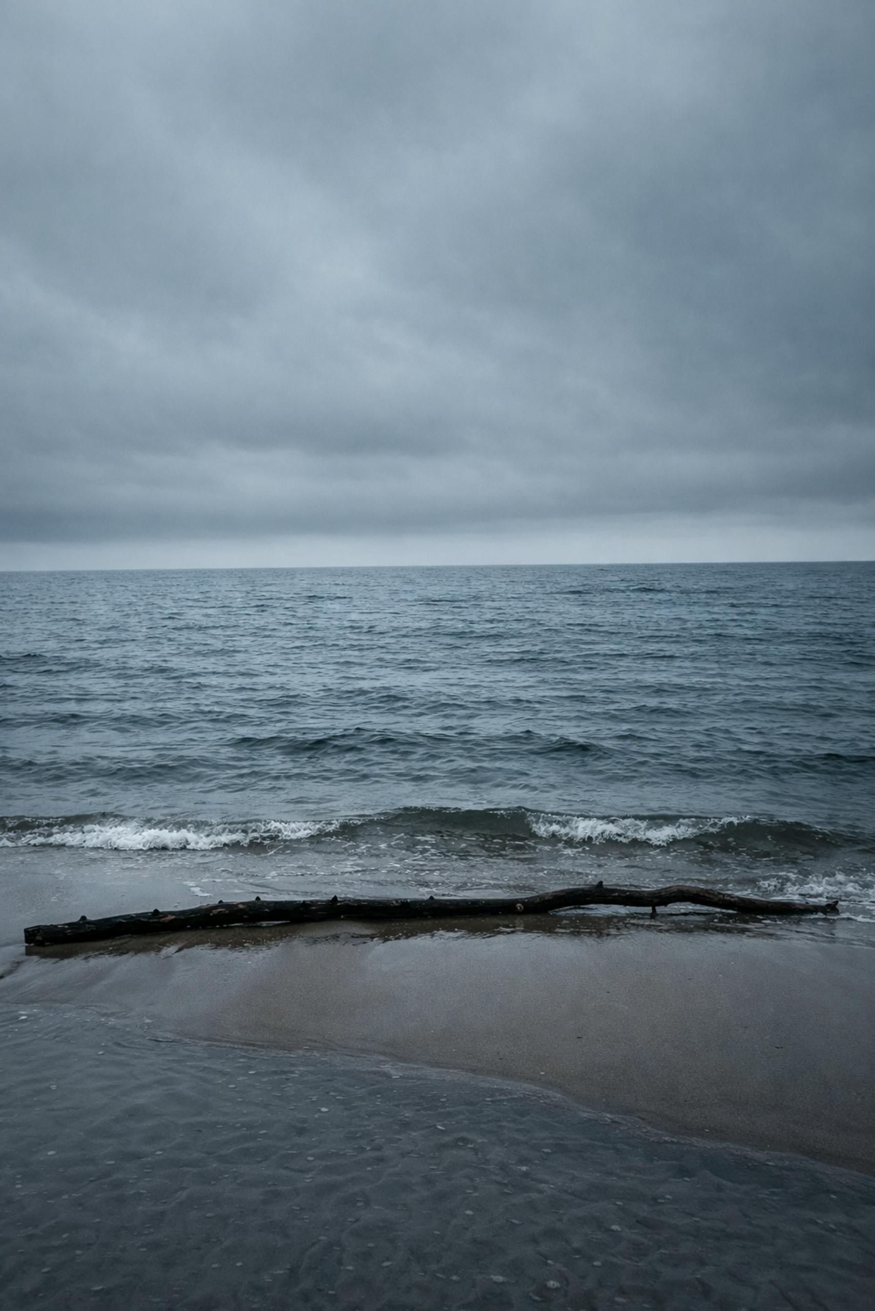 免费 阴天下，宁静的海滩景色，有漂流木和轻柔的波浪。 素材图片