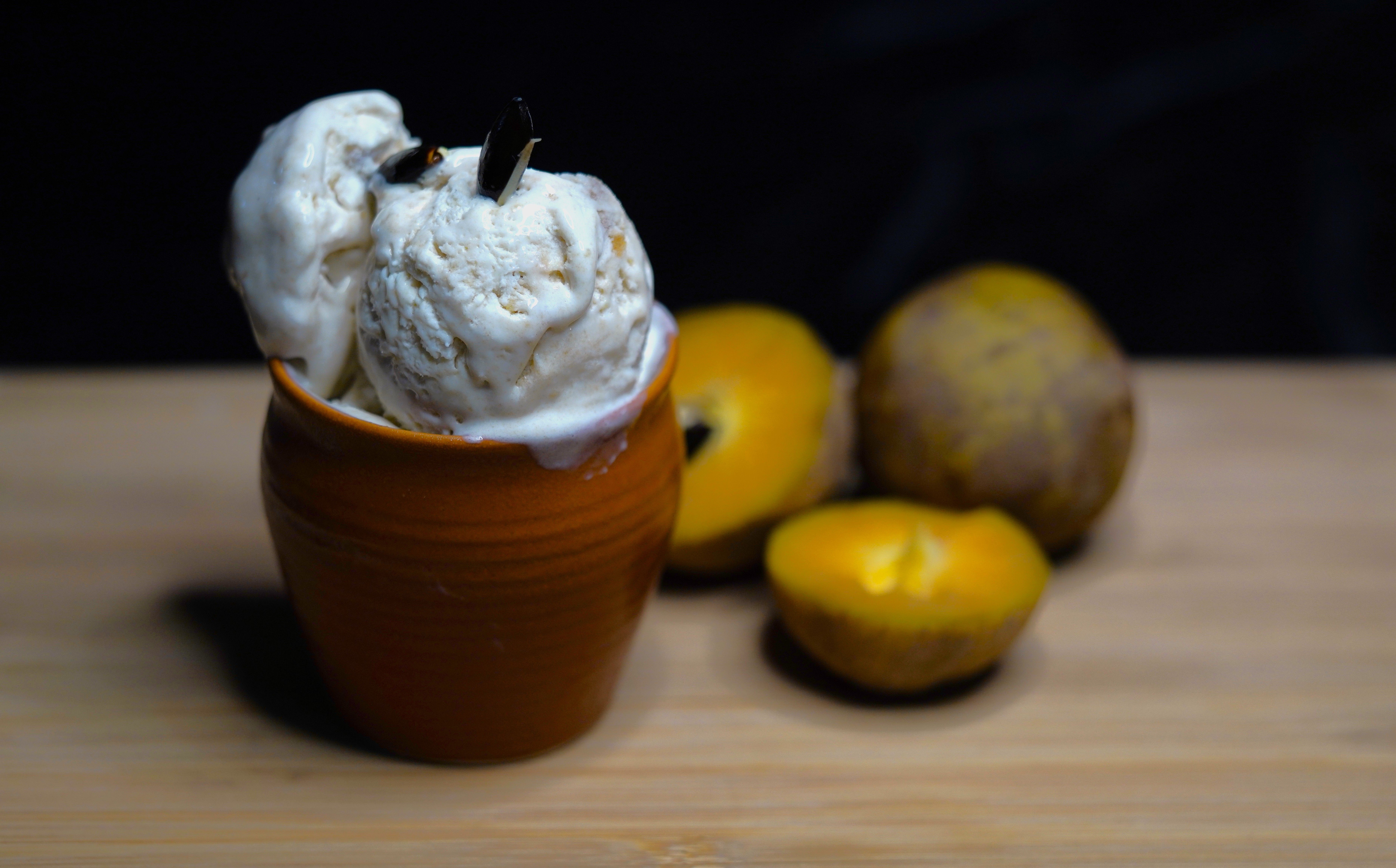Homemade vanilla ice cream in a glass bowl ready to serve