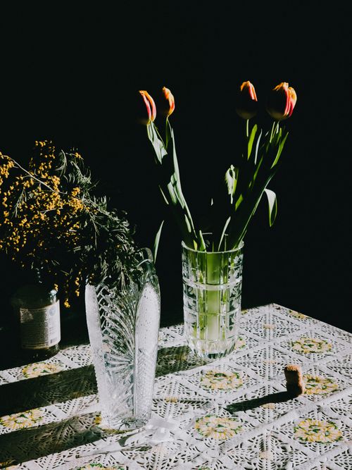 Free A vibrant artistic display of tulips and mimosa in vases on a patterned tablecloth. Stock Photo