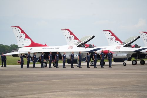 Free United States Air Force Thunderbirds with crew at Hampton, Virginia air show. Stock Photo