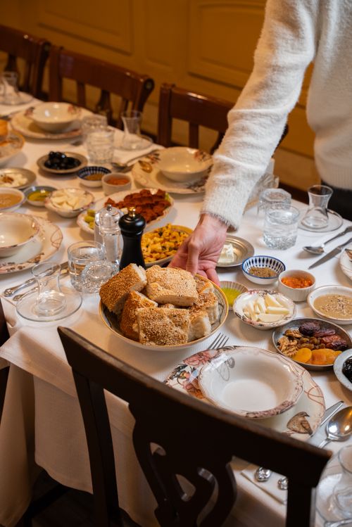 Free Authentic Turkish breakfast table with sesame bread and diverse dishes in Gaziantep, Türkiye. Stock Photo