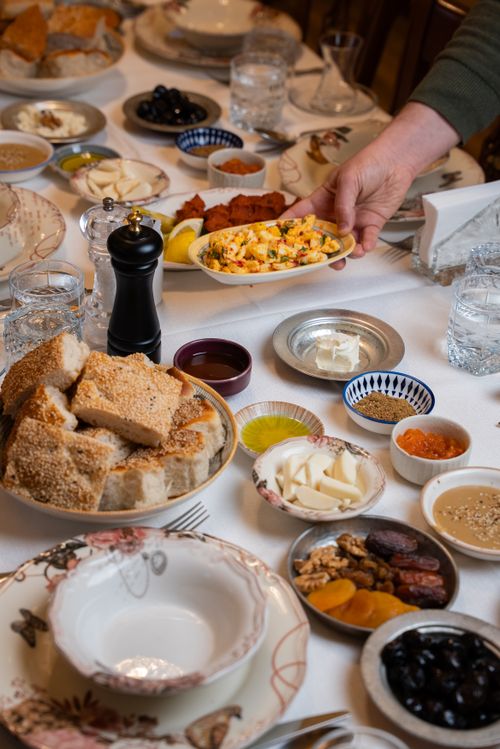 Free A vibrant Turkish breakfast spread with diverse dishes offered on a table. Shot in Gaziantep, Türkiye. Stock Photo