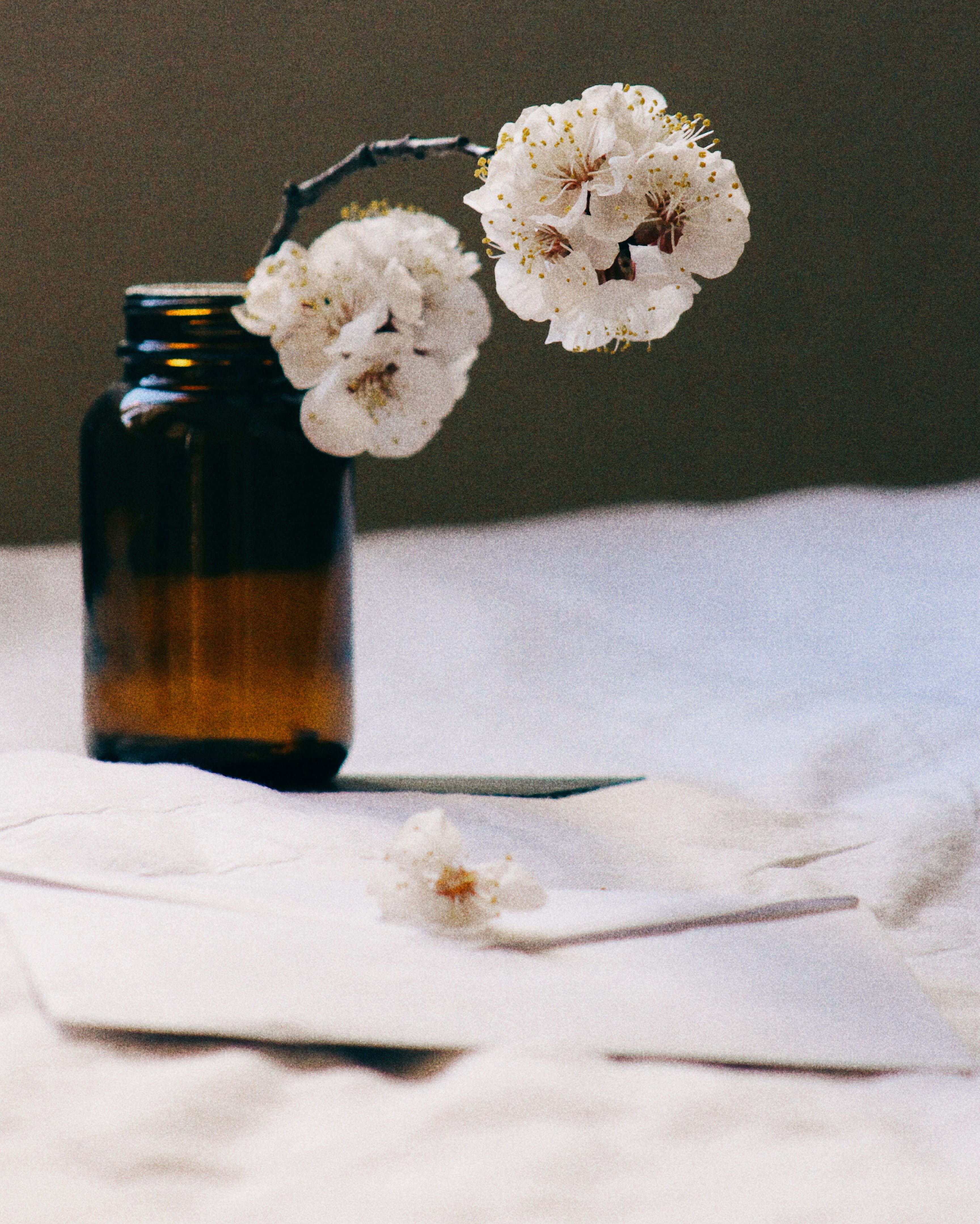 A serene composition of cherry blossoms in a vintage glass bottle, perfect for tranquil settings.