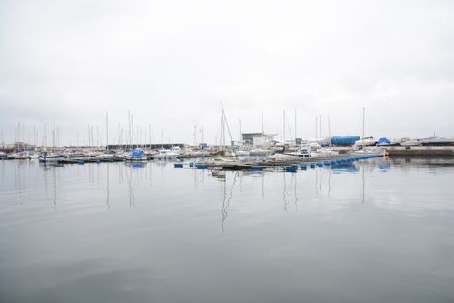 Free Peaceful marina scene with several sailboats moored under an overcast sky reflected in calm waters. Stock Photo