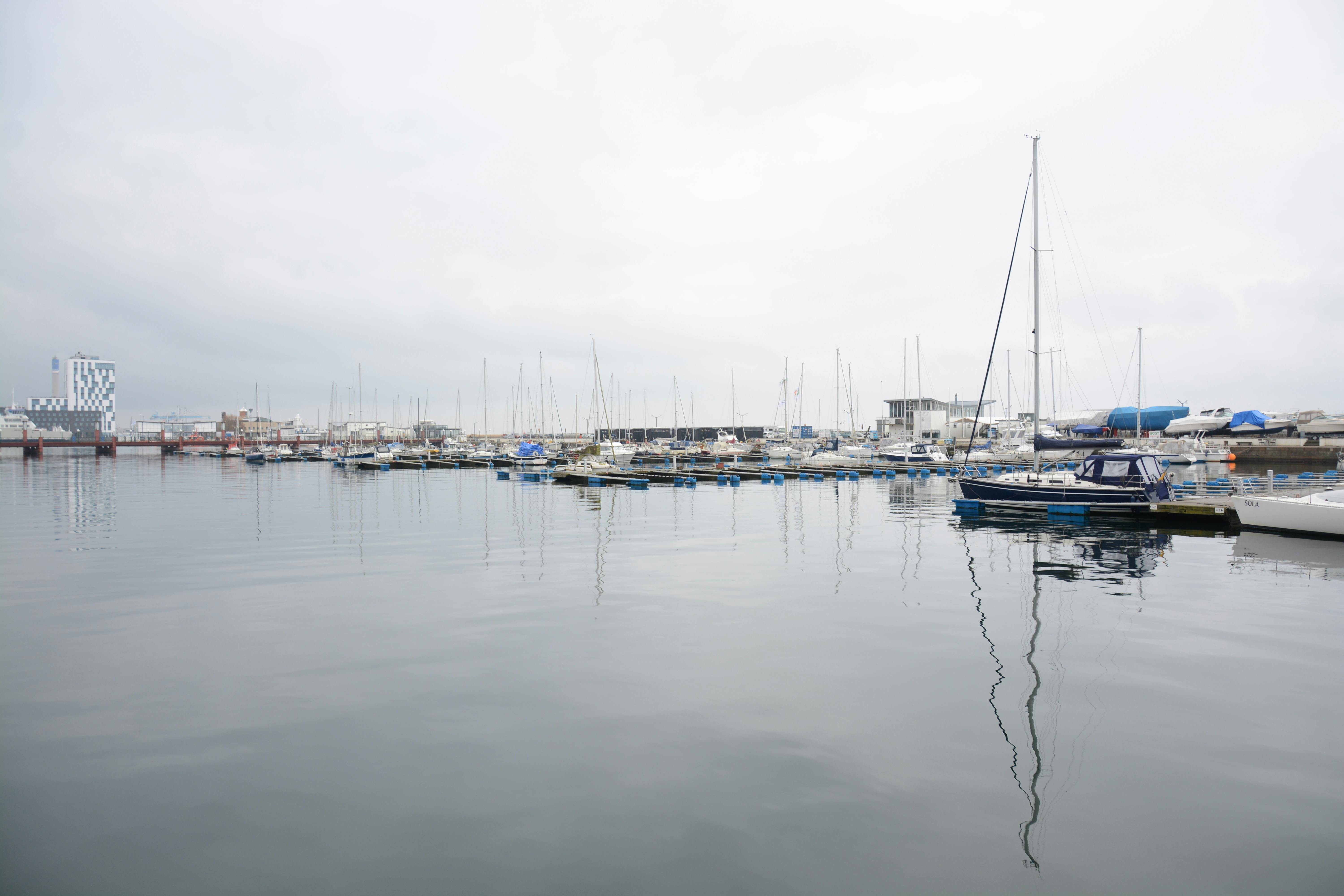 Gratis Rolig marina-scene med sejlbåde fortøjet, der skaber rolige refleksioner på vandet. Lagerfoto