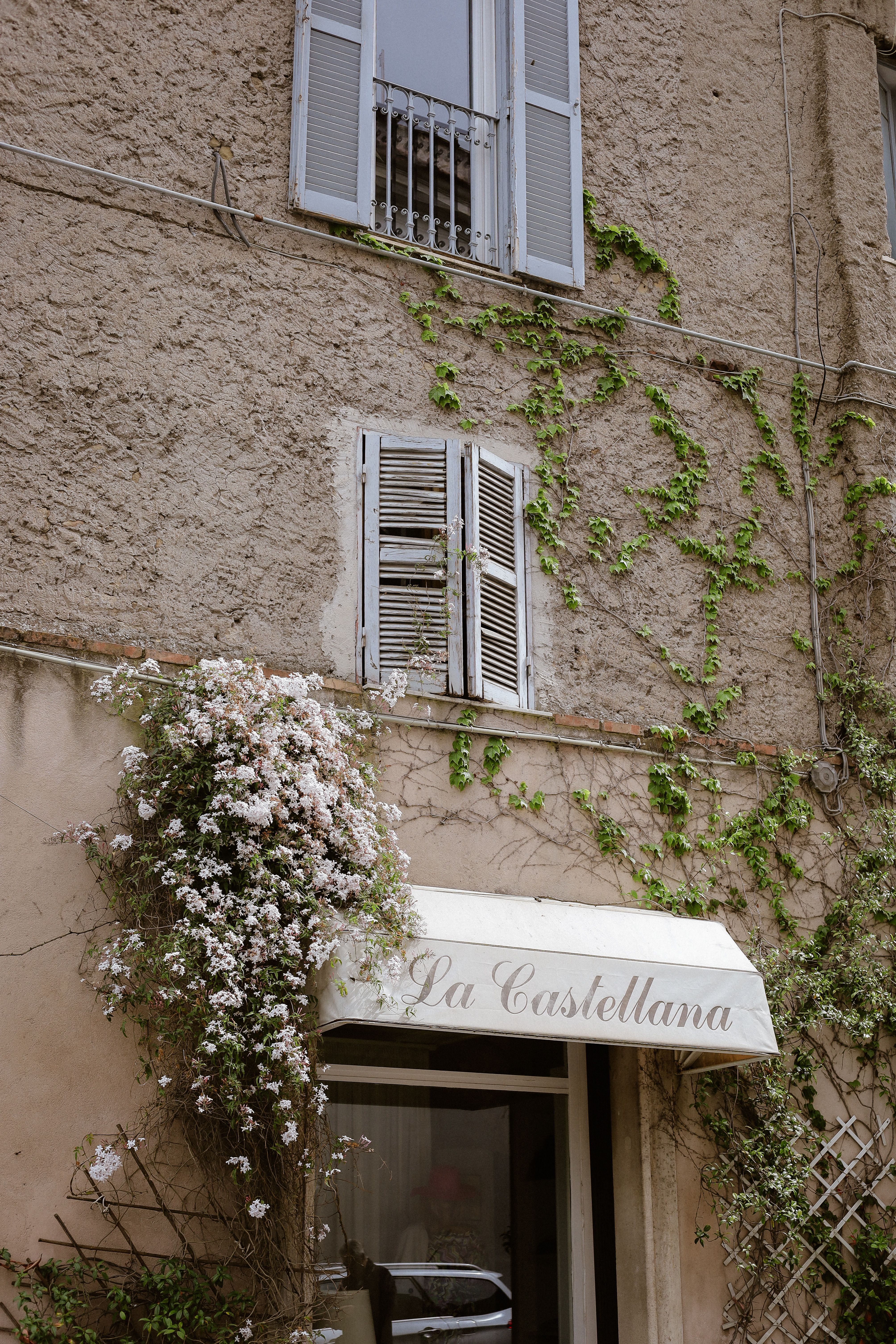 Rustic Italian building with climbing vines and blooming flowers in a quaint street scene.
