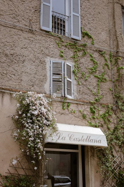 Rustic Italian building with climbing vines and blooming flowers in a quaint street scene.