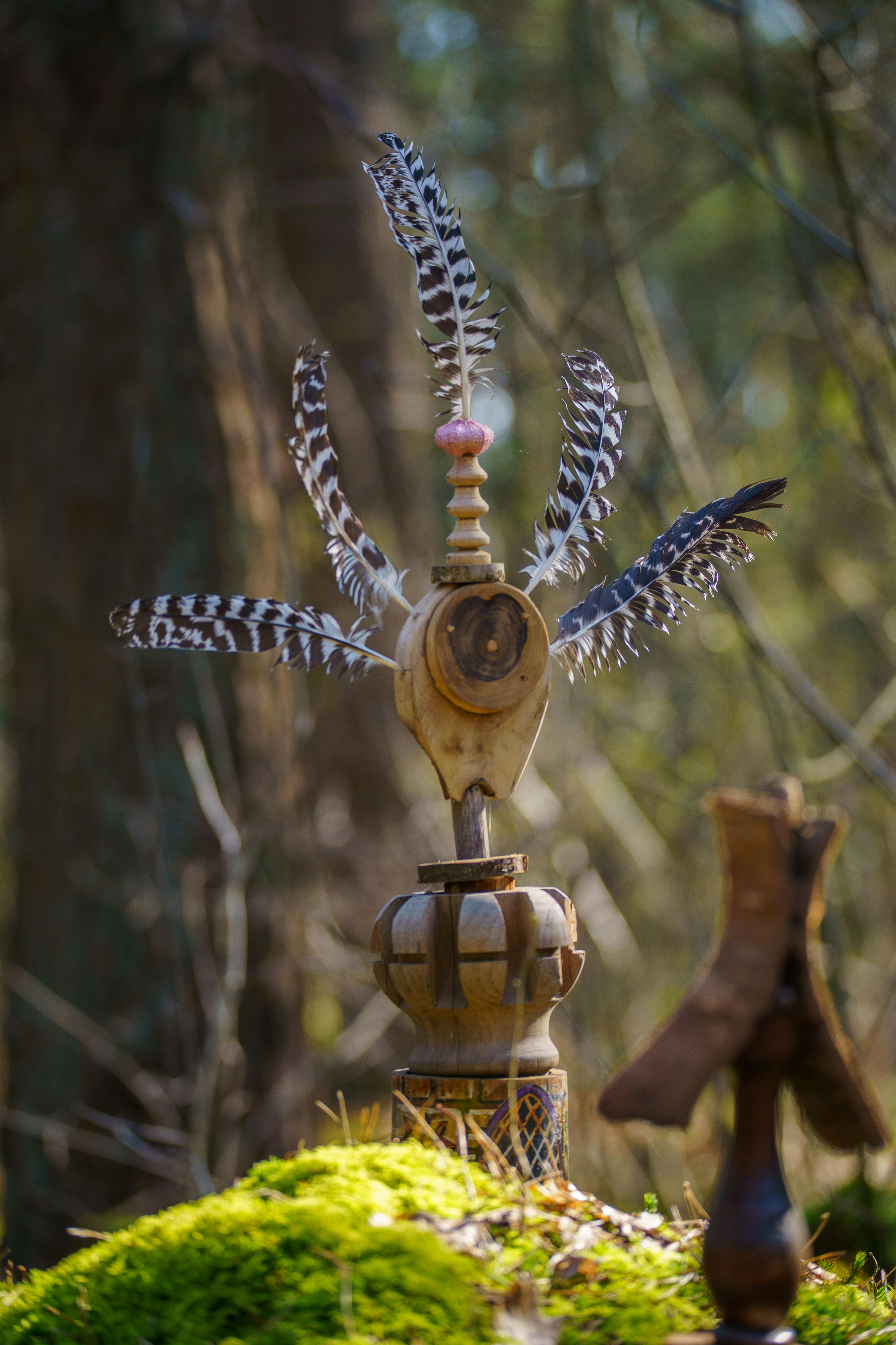 Gratuit Totem complex din lemn împodobit cu pene într-un cadru senin de pădure. Fotografie de stoc